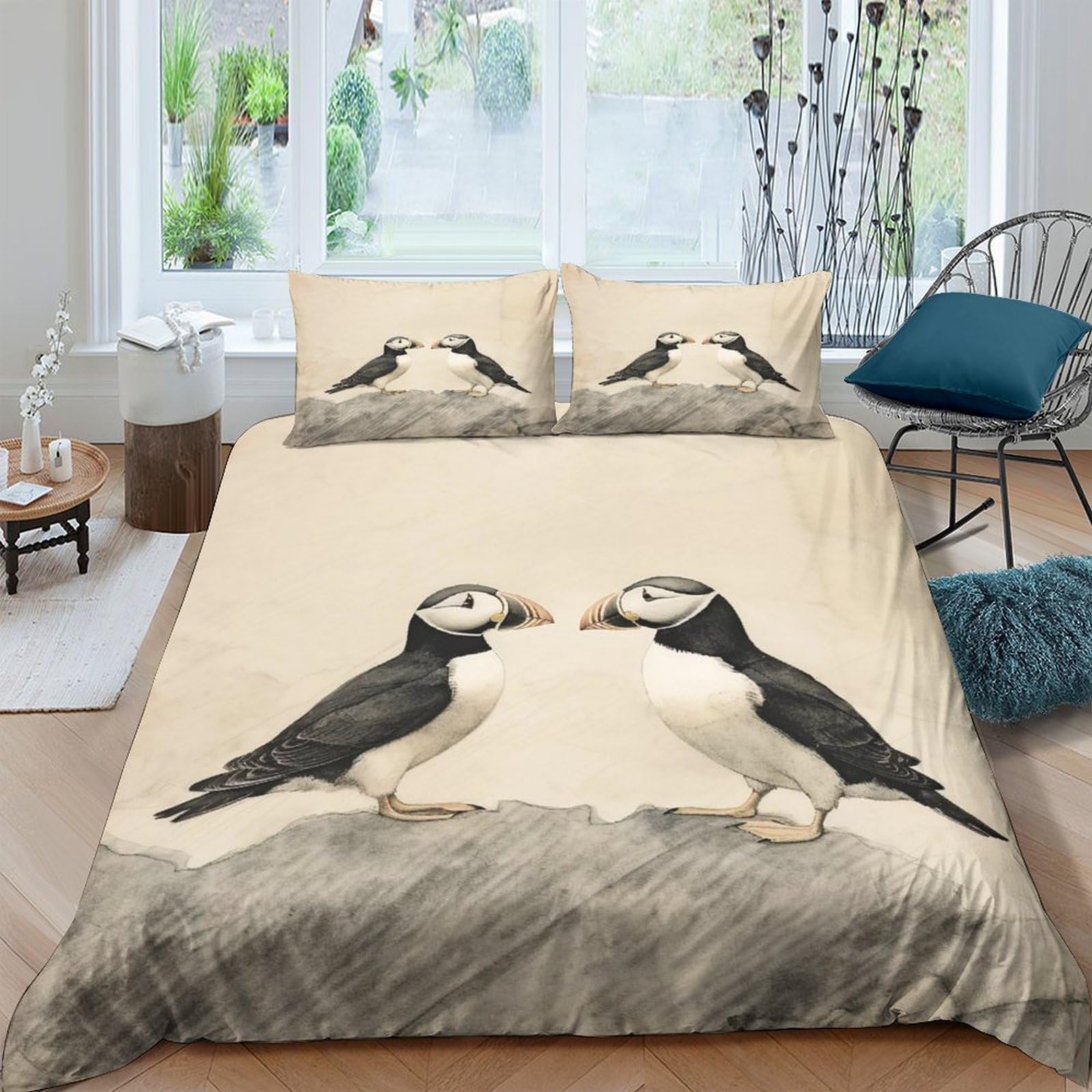 GPLZQXKJNH 3D Printed Puffin Bird Duvet Cover Microfiber Soft Breathable Seaside Nature Bedding Set with 2 Pillowcases for Bedroom Decor Single（135x200cm）