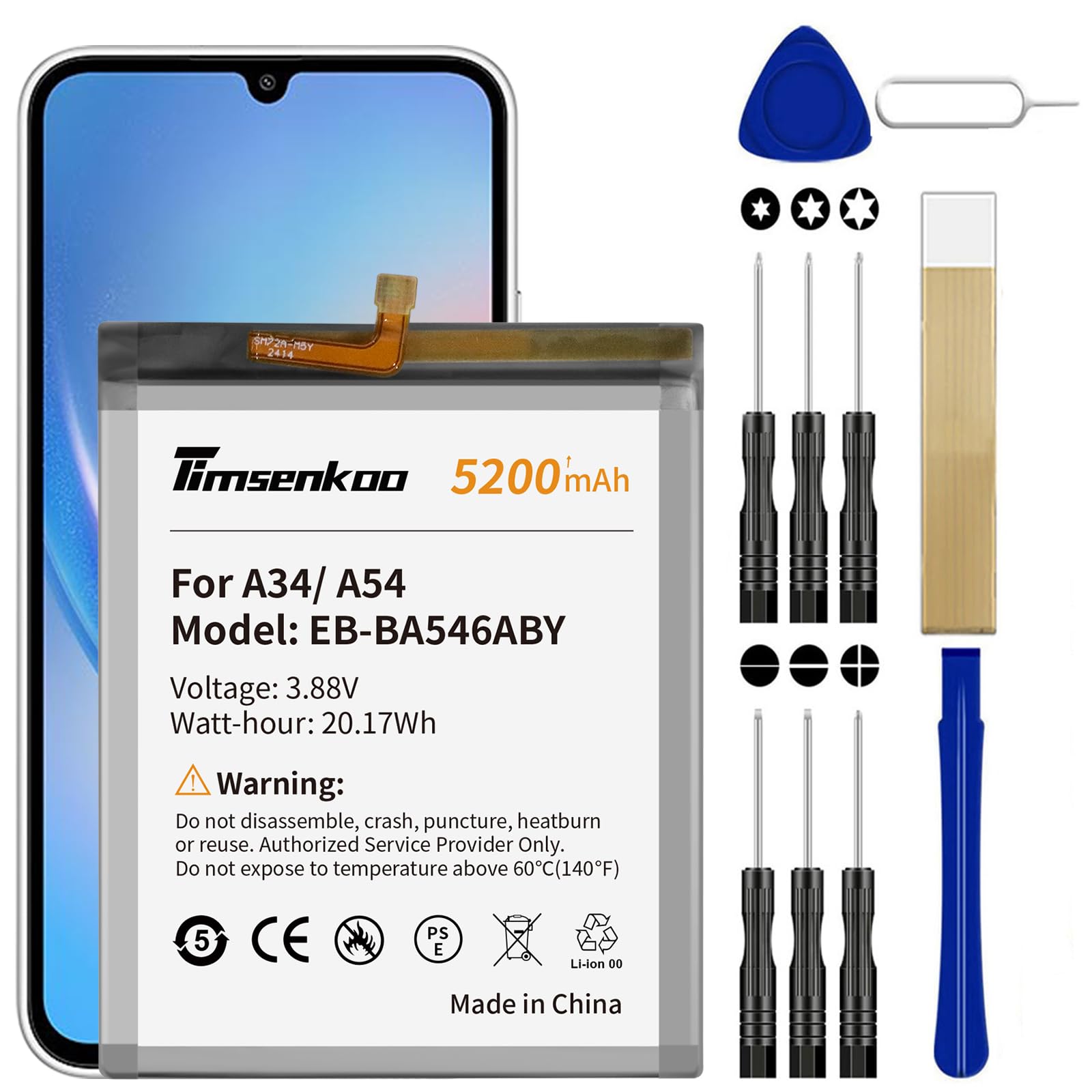 Upgraded 5200mAh EB-BA546ABY Replacement Battery Compatible with Samsung Galaxy A34 5G SM-A346/ A54 5G SM-A546 with Repair Tool Kits