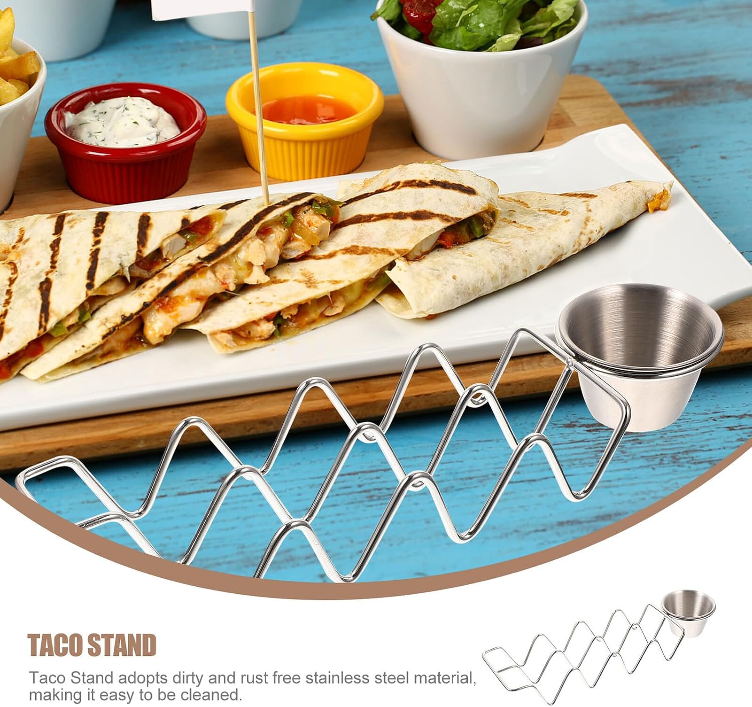 Stainless Steel Taco Holder Rack with Sauce Cup for Upright Serving