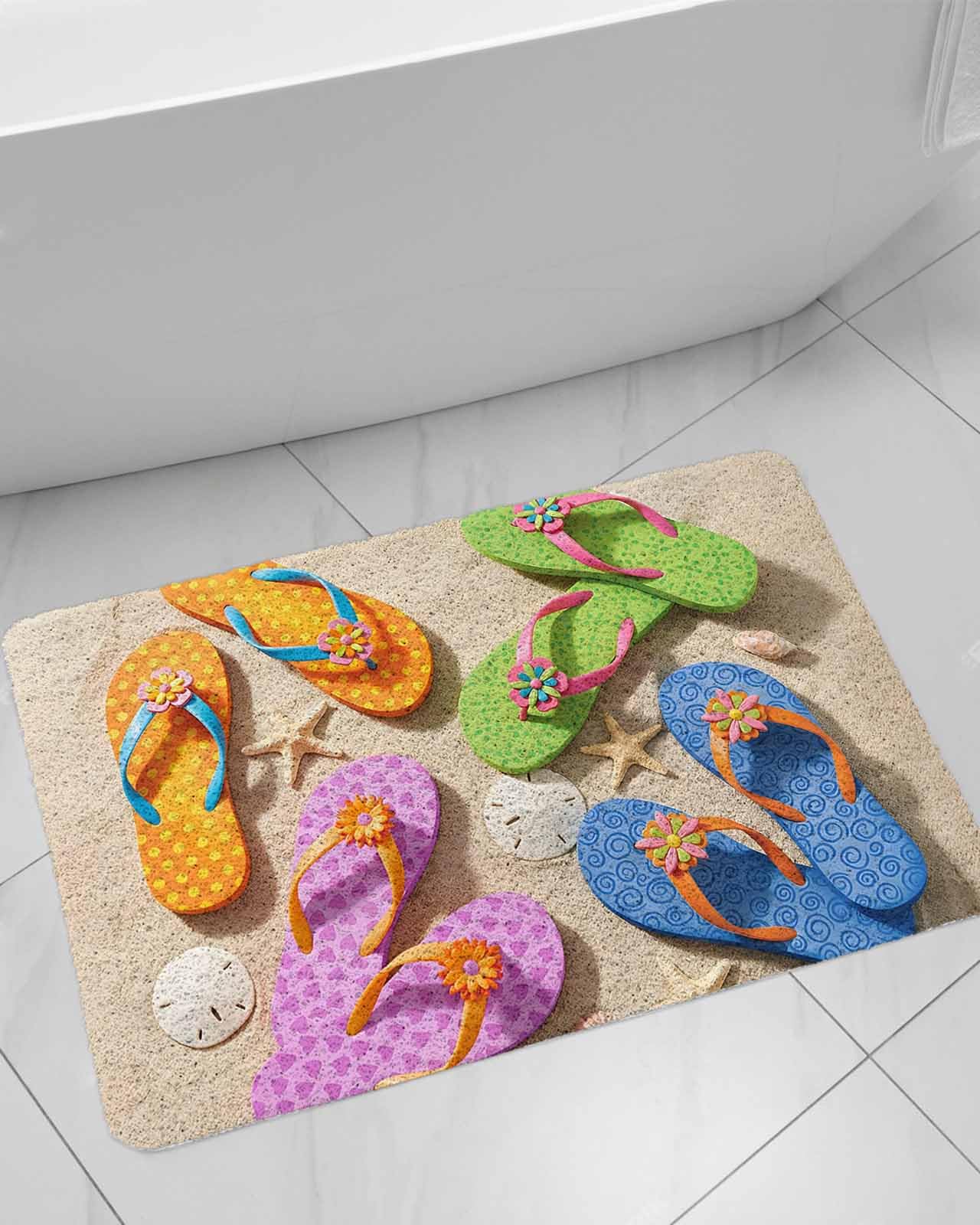 Summer Beach Shower Mat Non Slip Bathtub Mat Beach Colored Slippers Shell Sea Stars Bath Mat Soft Loofah Shower Mats for Shower Tub Bathroom Quick Drying Foot Mat, 16x24 Inch