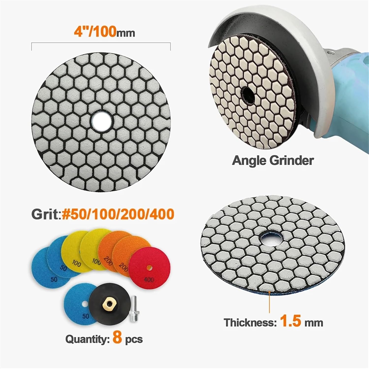 8pcs Dia100mm Diamond Dry Polishing Pad for Marble Granite Ceramic Stone Polisher Grinder Sanding Disc Adapter Base(S2)