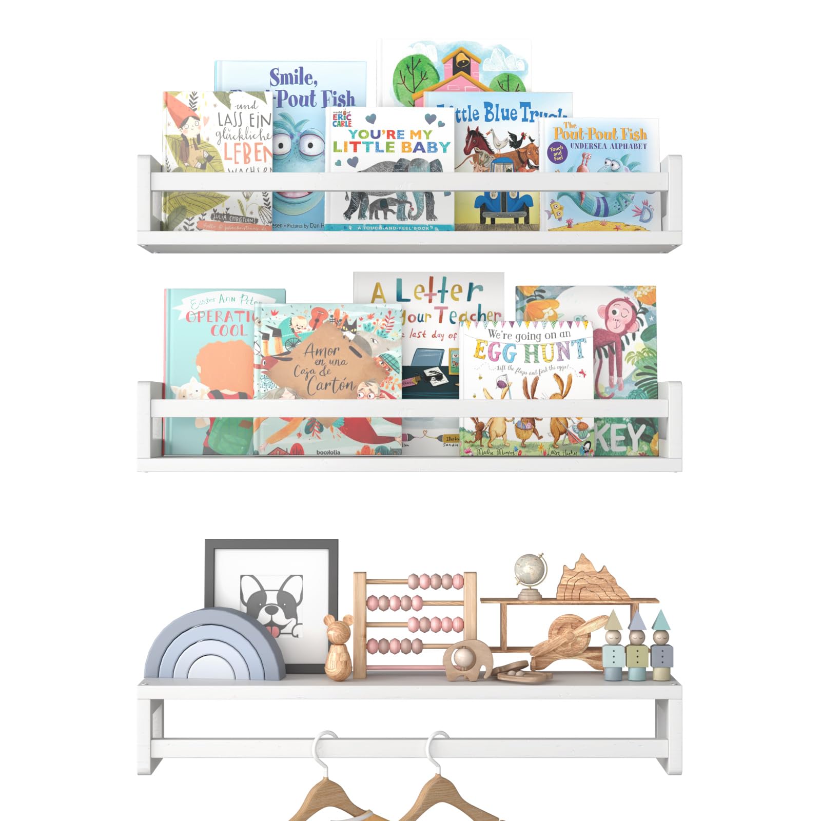 Estantes flotantes para libros de pared de 23.6 pulgadas, de madera maciza natural, juego de 3, estantes colgantes para habitación de niños, decoración de dormitorio y almacenamiento de