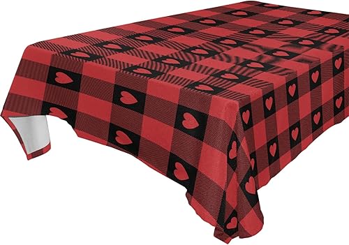 senya Mantel rectangular para el día de San Valentín, a cuadros de búfalo rojo, con diseño de corazón, mantel rectangular de tela lavable para