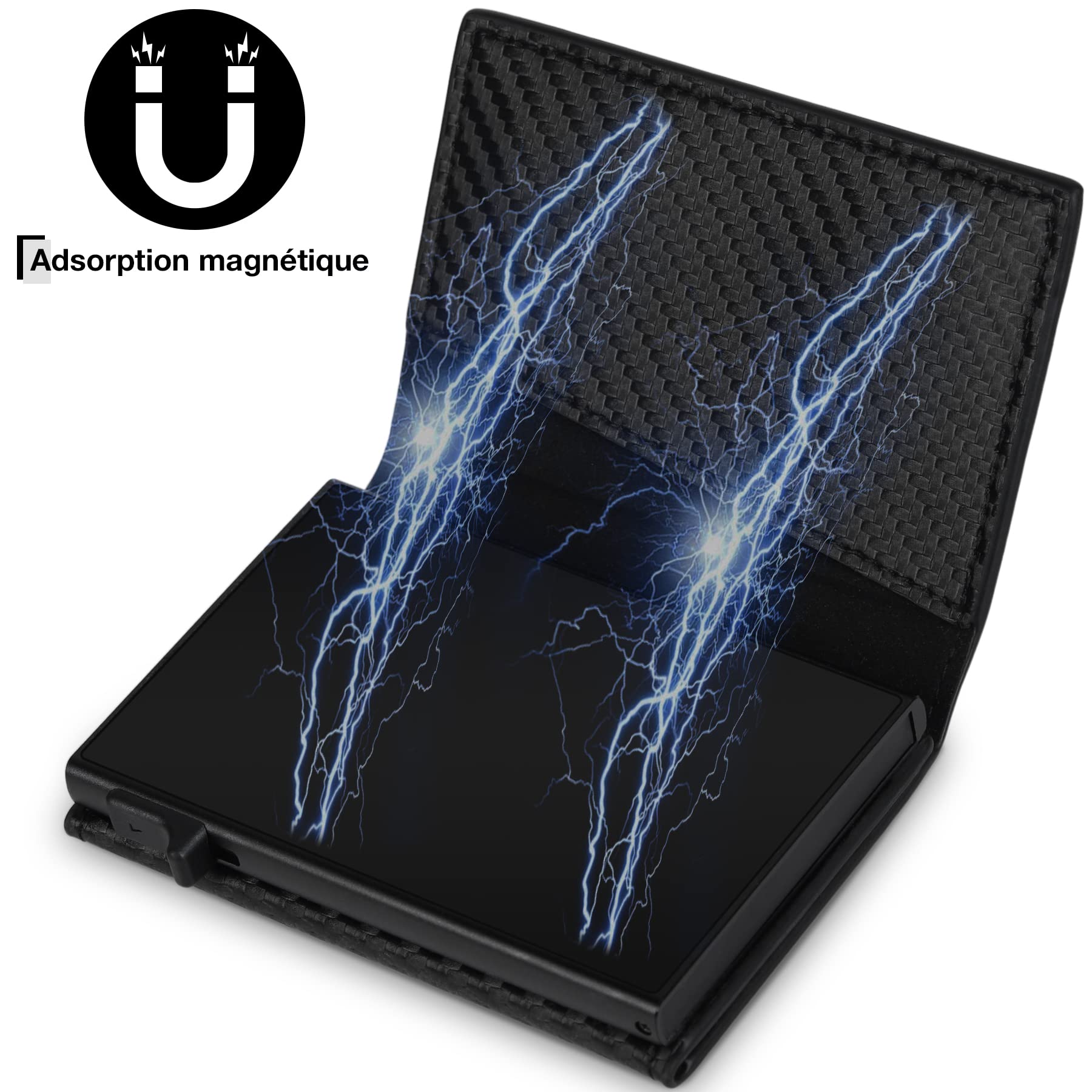 Portefeuille Homme en Fibre de Carbone, Magnétique Porte Carte avec Blocage RFID, Porte Feuille pour Homme avec Compartiment à Billets & Monnaie, Porte-Cartes de Crédit Bancaire (Noir)