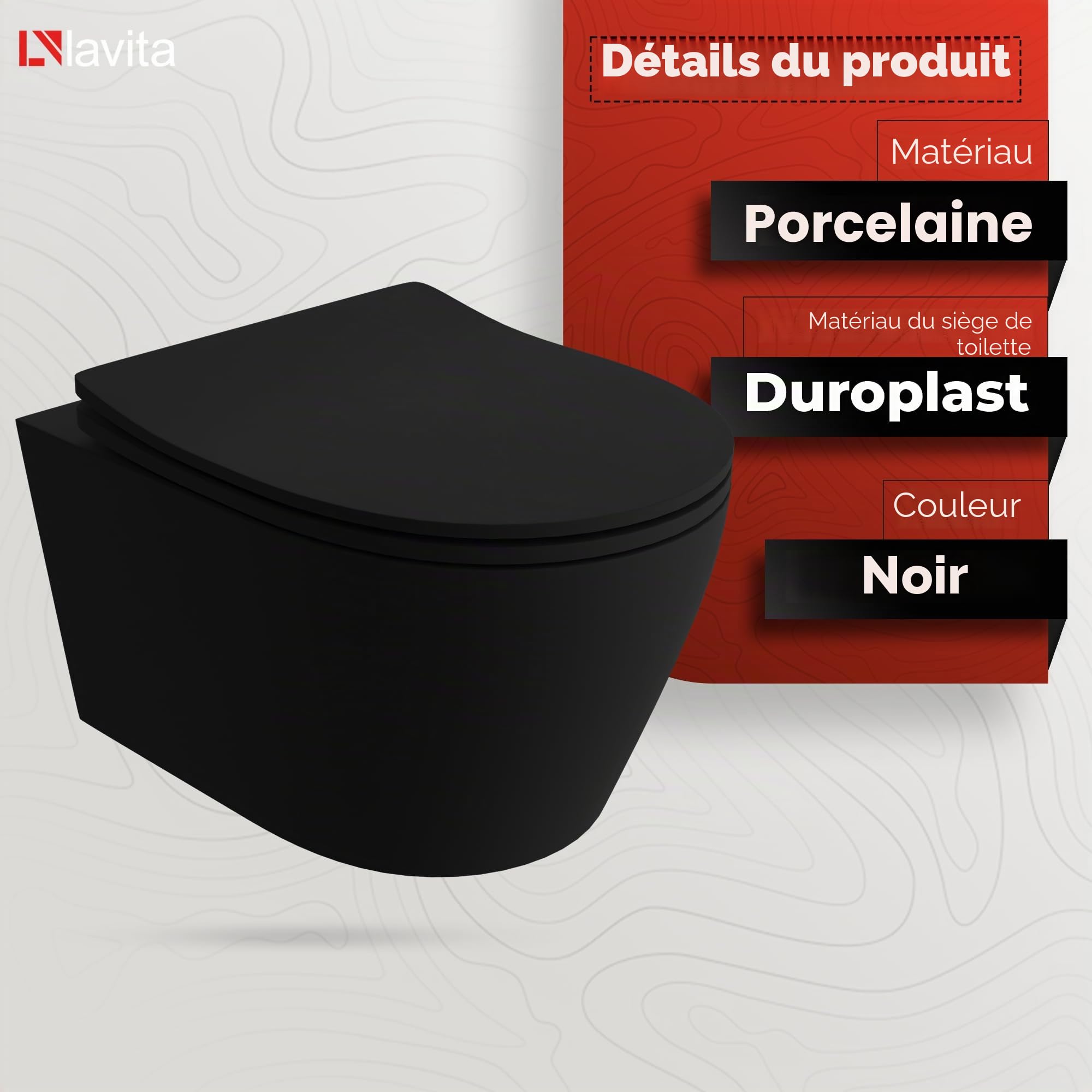 LAVITA | Élément mural Solido + WC suspendu mural Praia noir sans bord + abattant WC SoftClose | Bouton noir | Kit complet | Réservoir de chasse encastré | Kit complet | WC complet |