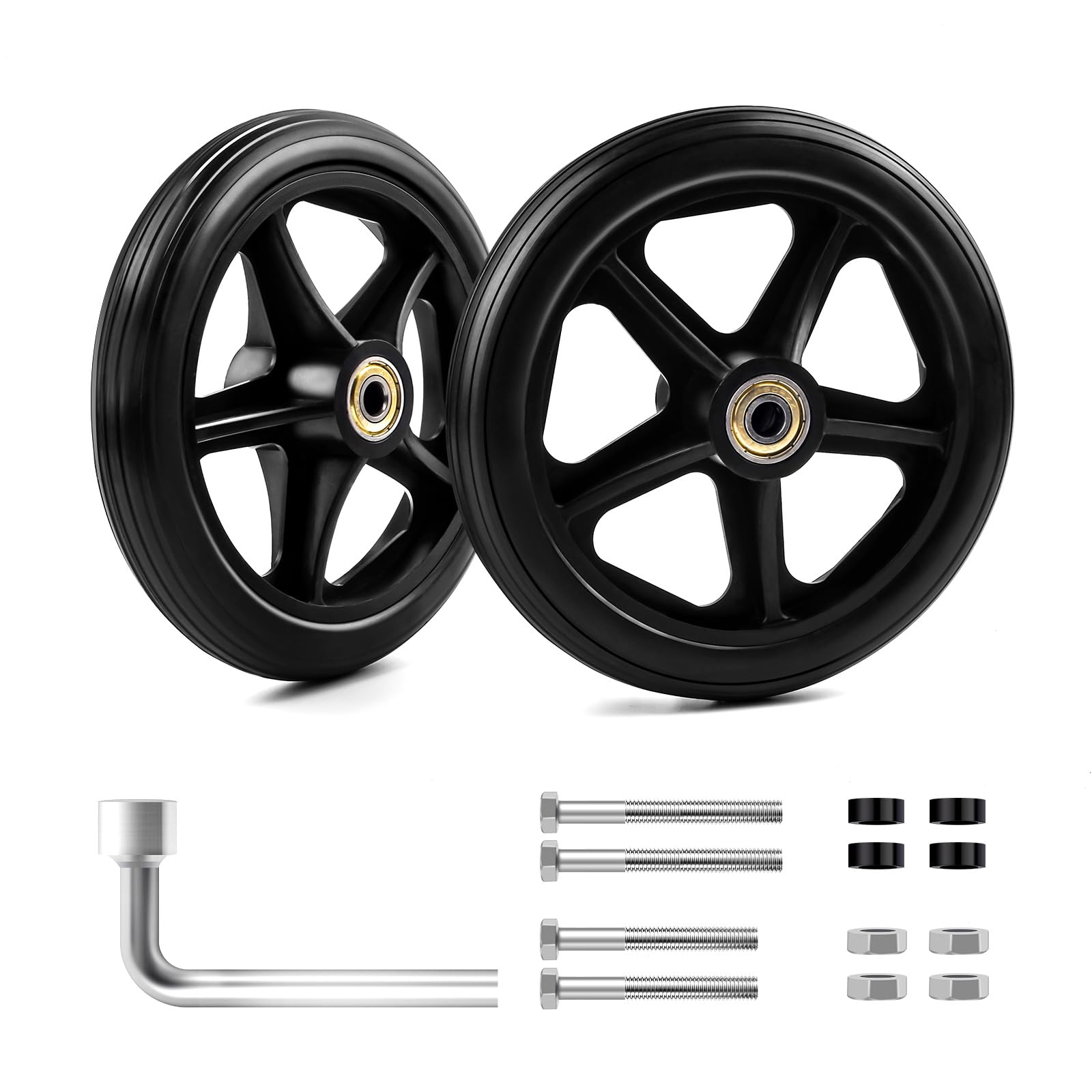 2 Pack 6 Inch Rubber Wheelchair Wheels Replacement for Walkers, Rollators, Wheelchairs,Durable Anti-Slip ABS Wheel Hub- Universal Aid Wheels for Adults, Seniors, Black