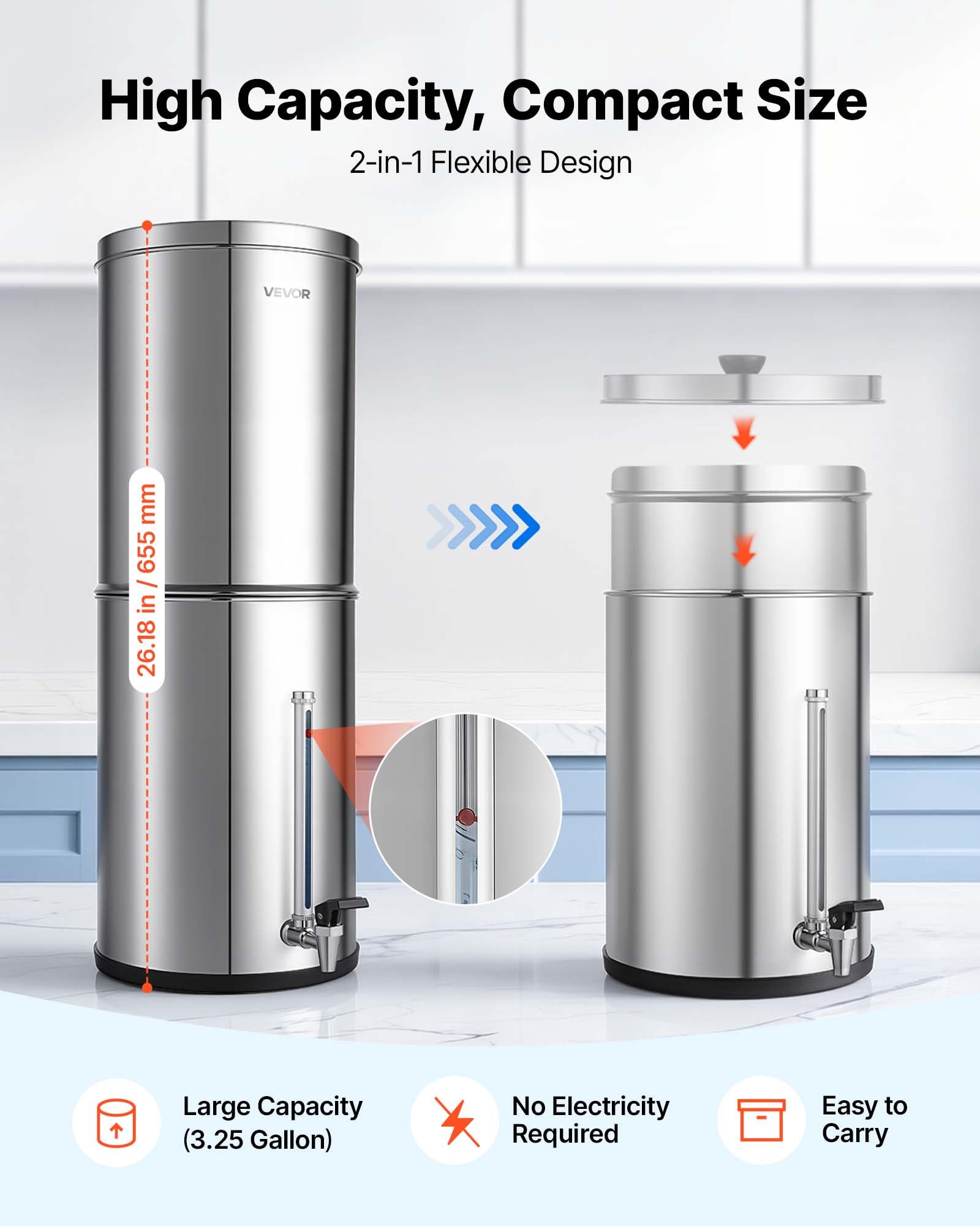 VEVOR Système de Filtration d'Eau par Gravité 12,3 L Filtre à Gravité Inox, Pour Camping, Fontaine Filtrante Réduction du Plomb et Jusqu'à 99% du Chlore, 2 Cartouches au Charbon Actif, Niveau d'Eau
