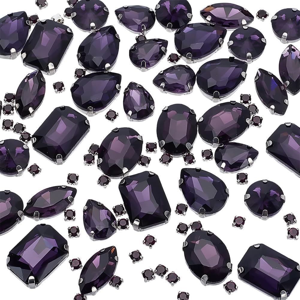 1 Schachtel Mit 156 Stück 7 verschiedenen Lila Strasssteinen Zum Aufnähen Flache Rückseite Facettierte Glassteine Mit Krallenverschluss Rund Tropfenförmig Und Rechteckig Für Kleidung Stoffe S