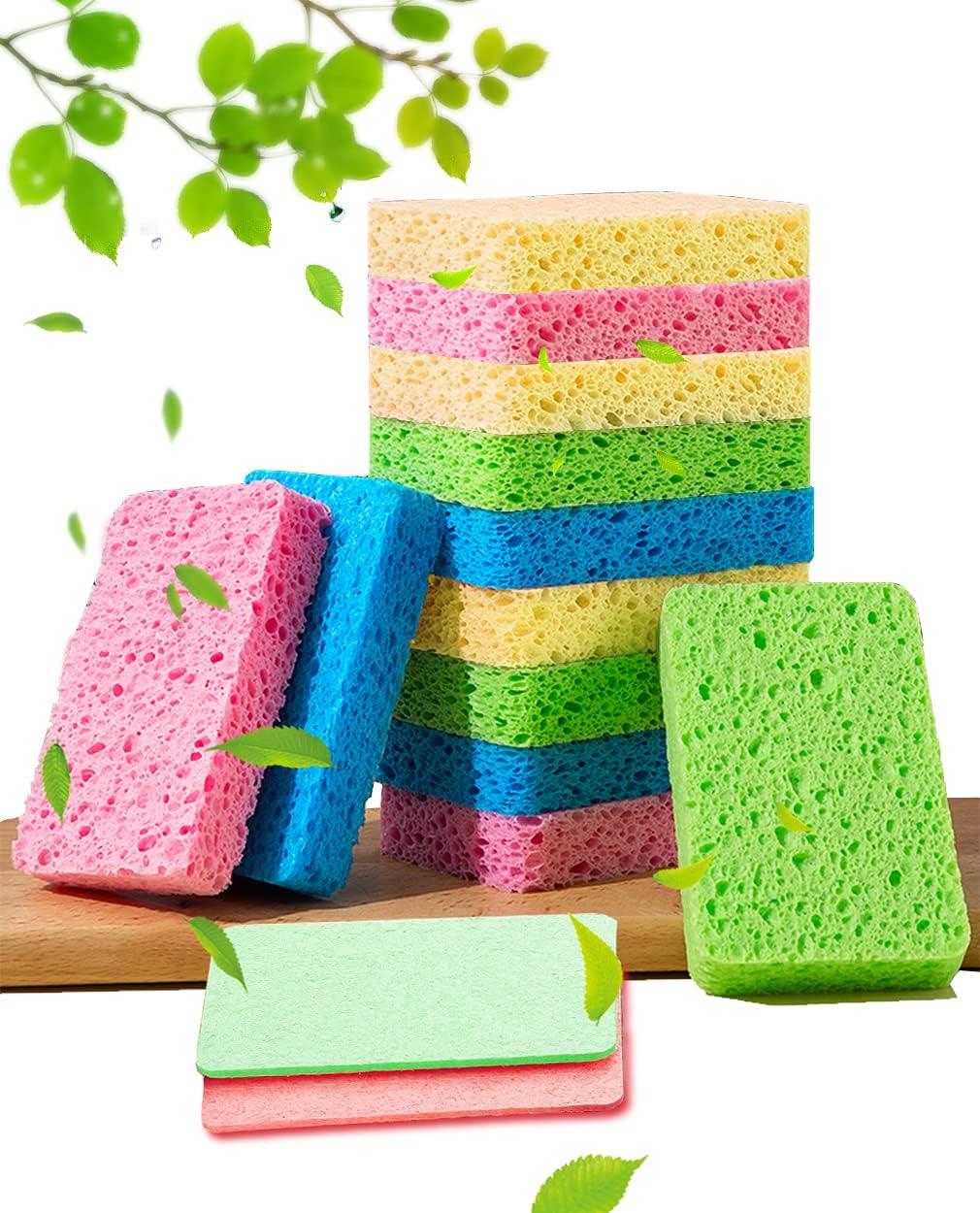 12-Count Kitchen Sponges- Compressed Cellulose Sponges Non-Scratch Natural Dish Sponge for Kitchen Bathroom Cars, Funny Cut-Outs DIY for Kids-Absorb Water Before Use