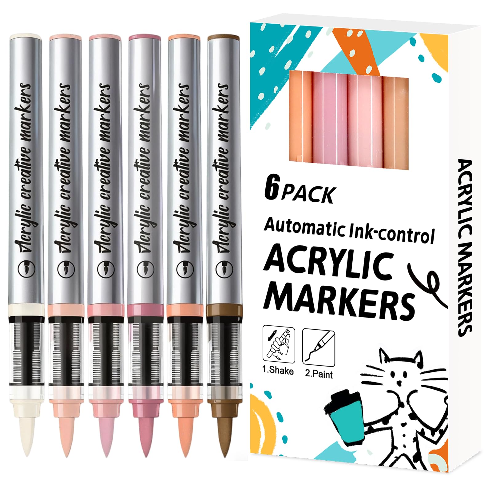 JEFFNIUB Acrylic Paint Markers 6 Colours Brush Tip Automatic Ink-control Water-Based, Permanent Acrylic Paint Pens for Rock Painting, Wood, Ceramic, Glass, Metal, Fabric (Skin Tones)
