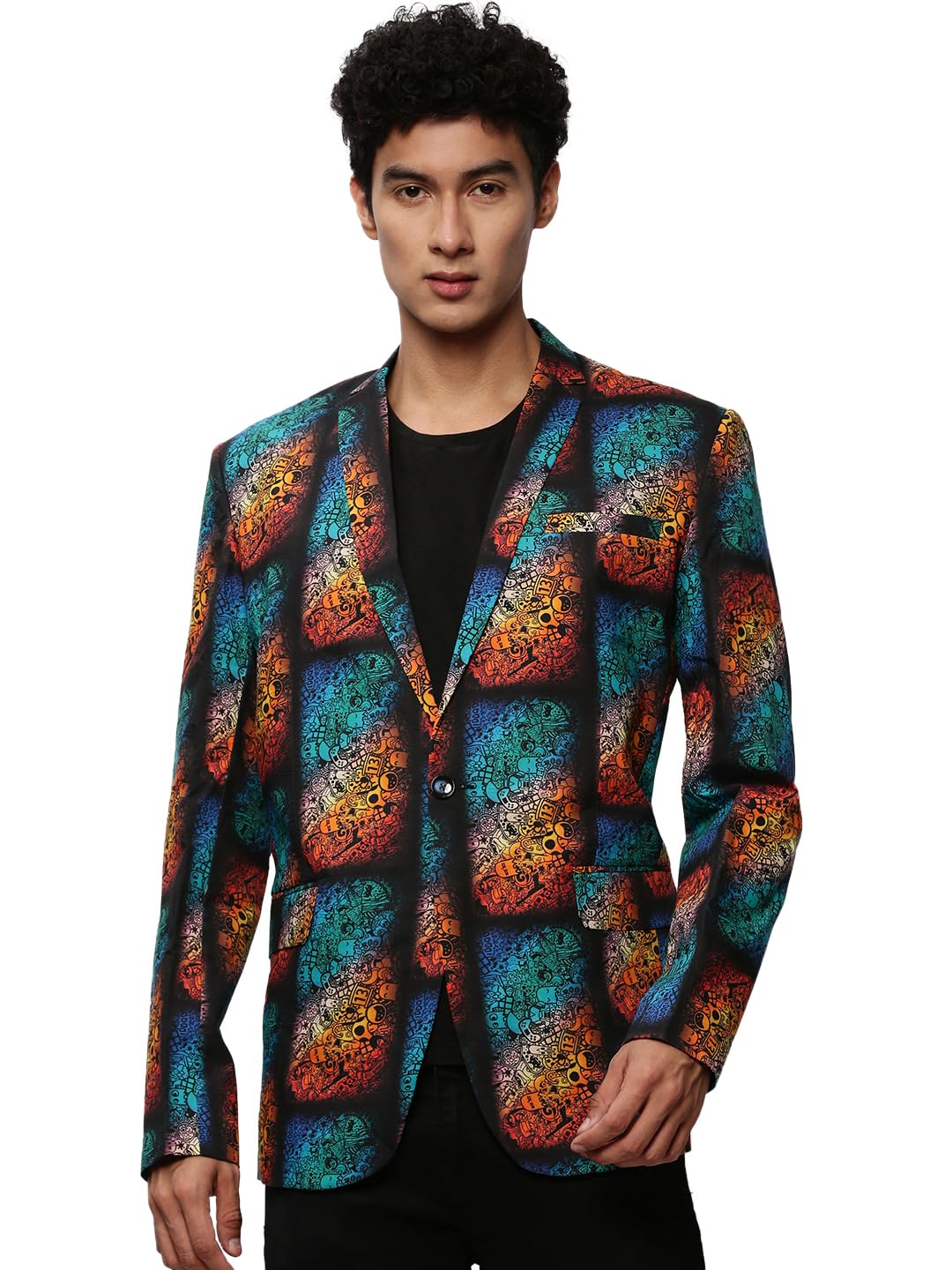 showoffff Men's Notched Lapel Printed Black Single-Breasted Blazer-SOBLZ-080-13_Black-picture-35