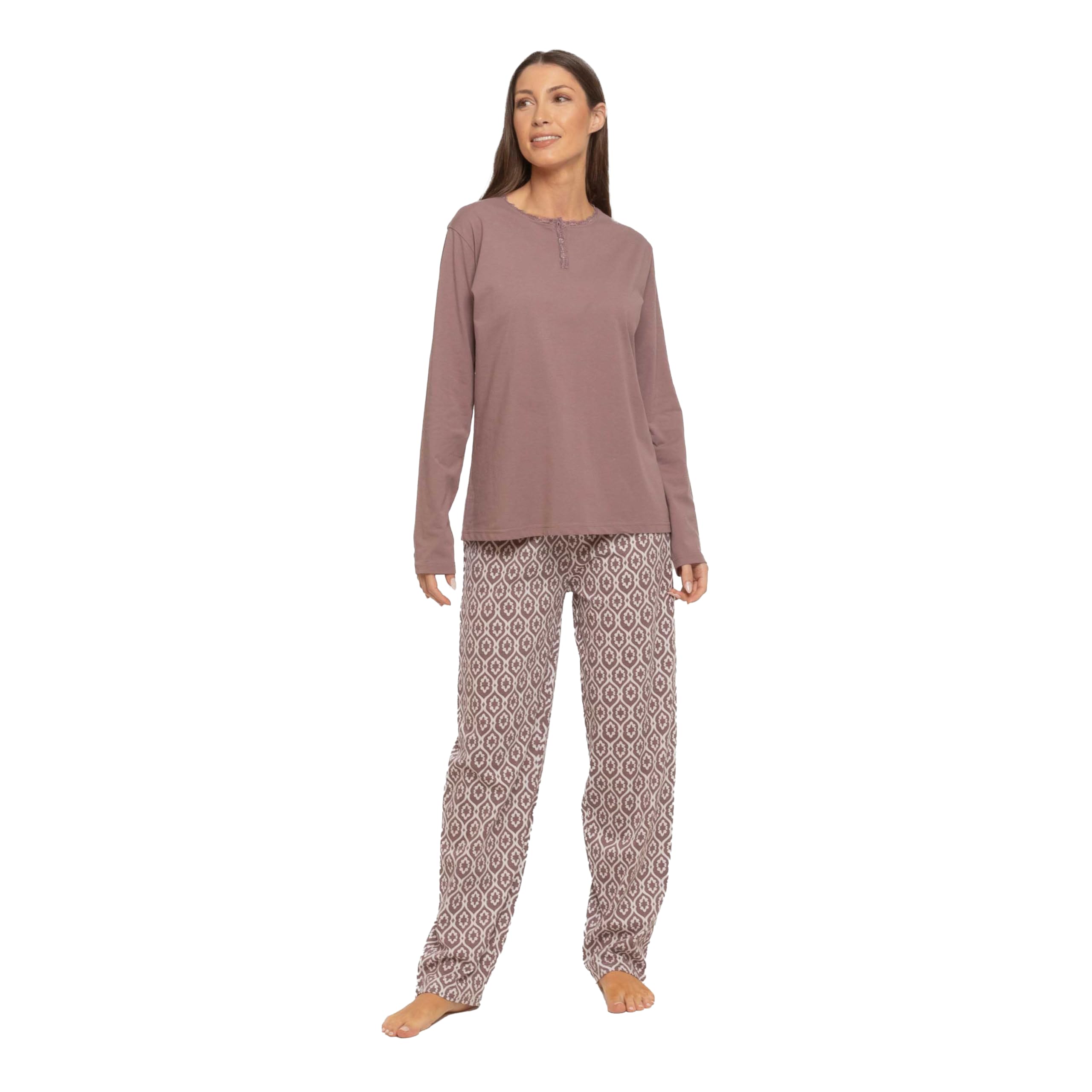 TRAMAS+ Pigiama Donna 100% Cotone, Pigiama Donna con Maglietta Manica Lunga e Pantalone Lungo, Pigiami da Donna, Pigiama 2 Pezzi Donna