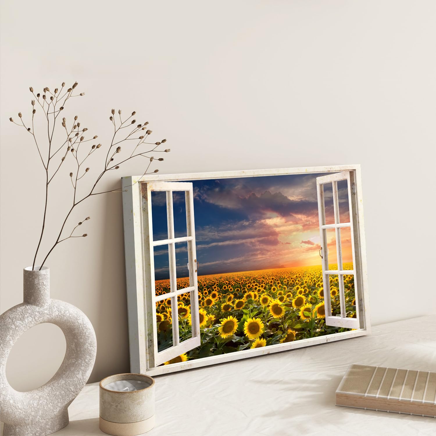 Sunflower Wall Art Nature Flowers Landscape Pictures for Hallway Bathroom Wall Decor Window Style 3D Effect Floral Scenery Painting Canvas Prints Modern Poster Artwork Bedroom Home Decoration 12x16" - Image 3