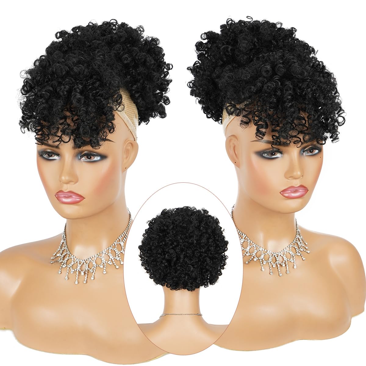 Coda di cavallo con cordoncino, per donne afroamericane, coda di cavallo con frangia, coda di cavallo corta riccia, chignon, extension per capelli (1#)
