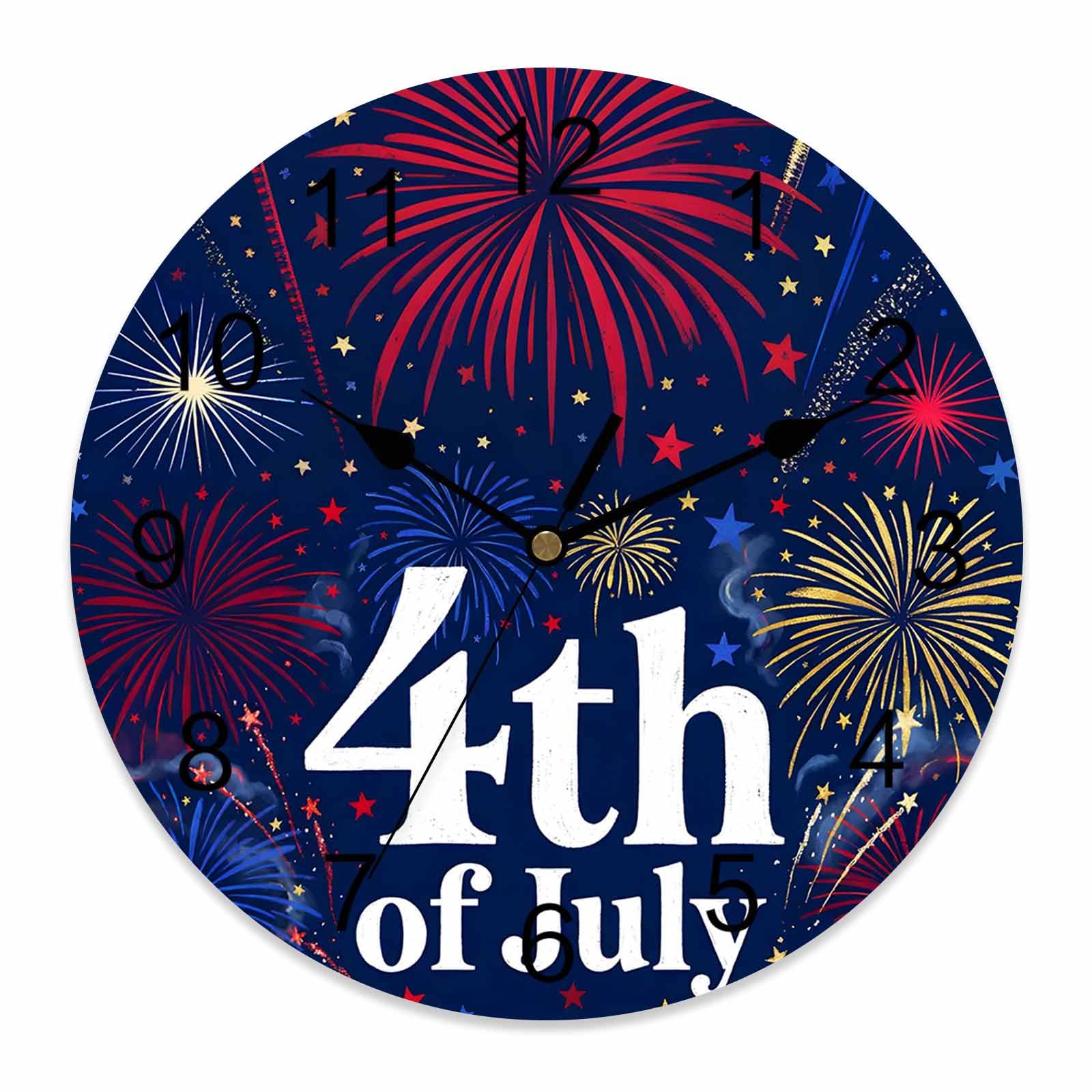 Ensound 4th of July Wall Clock Patriotic Star Fireworks Clocks Wooden Silent Non-Ticking Battery Operated July 4th Red White and Blue Round Clock for Home Living Room Kitchen Bedroom 12 Inch