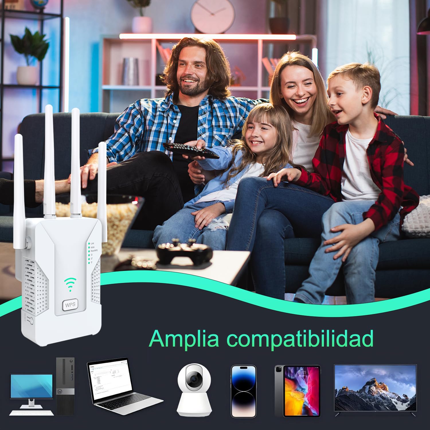 U81 Repetidor WiFi, Amplificador Señal WiFi 300Mbps con 2 Puertos Ethernet y 4 Antenas, Señal Estable y Fuerte, Compatible con Todos los Dispositivos de Red, Modos Ap/Repetidor/Enrutador