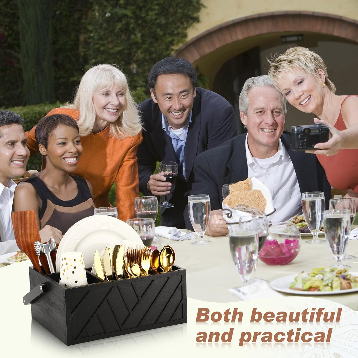 LemonRoad 13 Inch Rustic Silverware Caddy with Handle Wooden Flatware Utensil Holder Paper Plate and Silverware Caddy Organizer Cutlery Holder for Kitchen Countertop Picnic Cups Forks Napkins(Black)