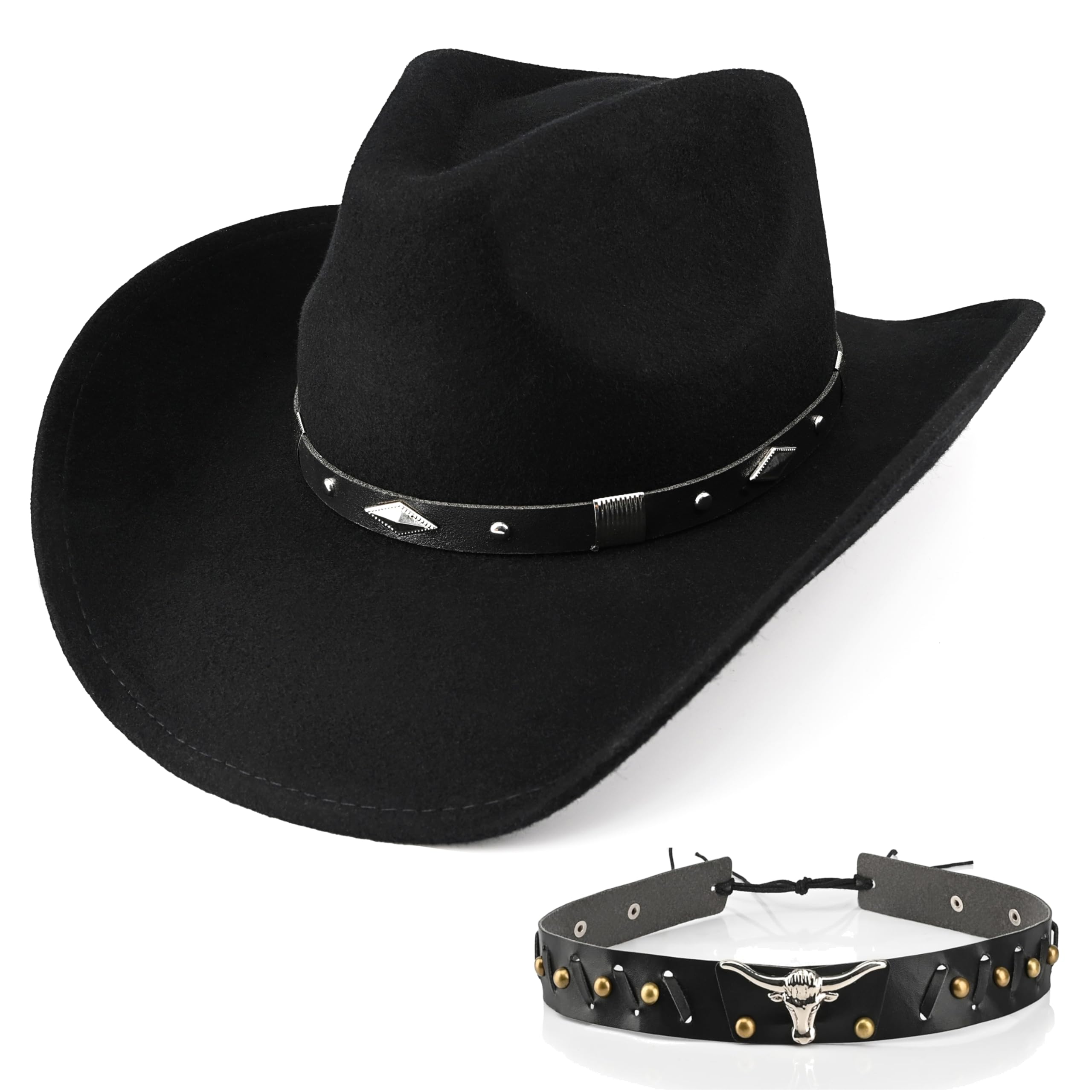 100 % lana para hombre y mujer, sombrero vaquero clásico negro, sombrero de vaquera, sombrero de fieltro con dos bandas decorativas