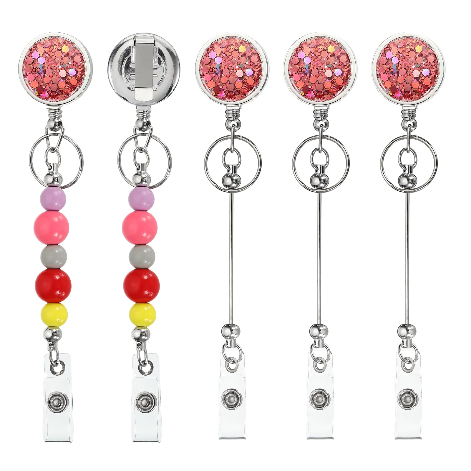 PATIKIL Beadable Badge Reels, 5 Pcs Bead Retractable Badge Holder, Retractable Bead Reel Keychain Blank Bar with Belt Clip for ID Name Key Teachers Office Workers DIY Gift, Lotus Pink