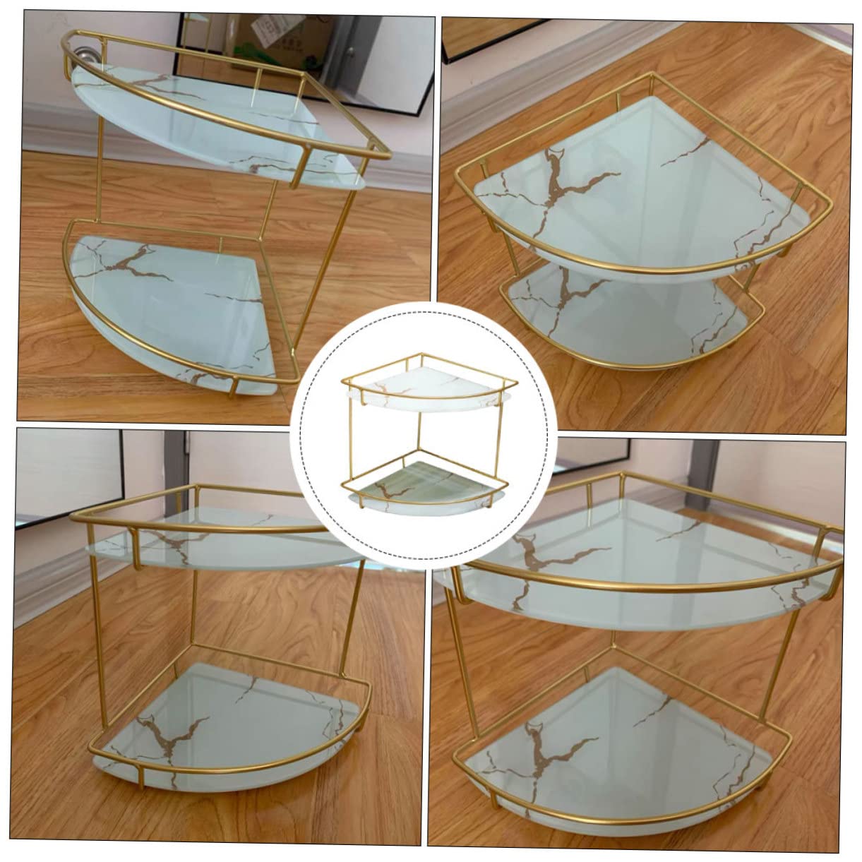 Organizador de estante de baño de cristal dorado con estantes para tabletas y práctico soporte de almacenamiento para esquina del hogar, estante de almacenamiento de productos de cuidado de la piel y