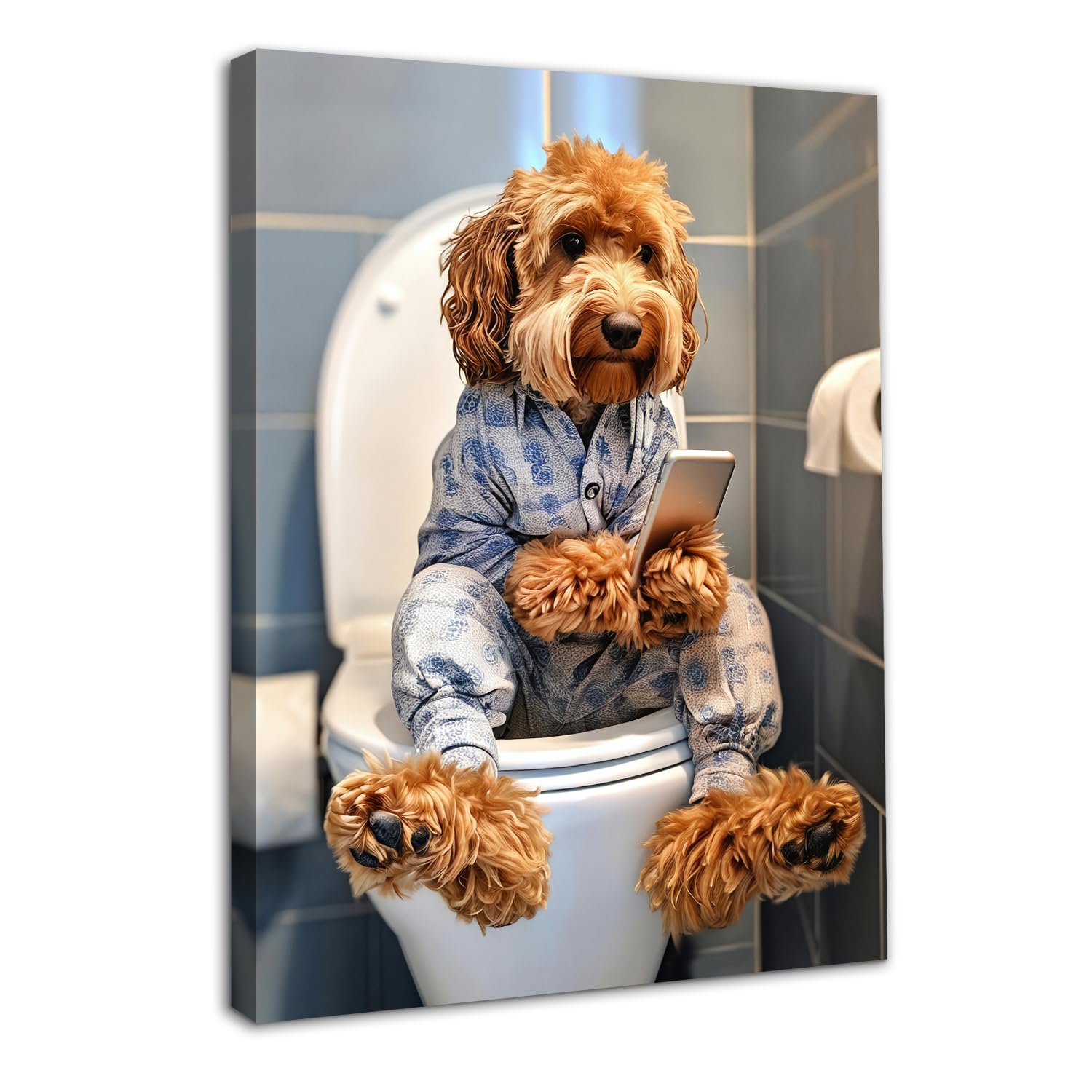 Dazzlewall Framed Funny Animal Bathroom Wall Art Decor, Dog Sitting on Toilet Playing with Phone Humor Poster Picture for Toilet Bathroom 12x16in