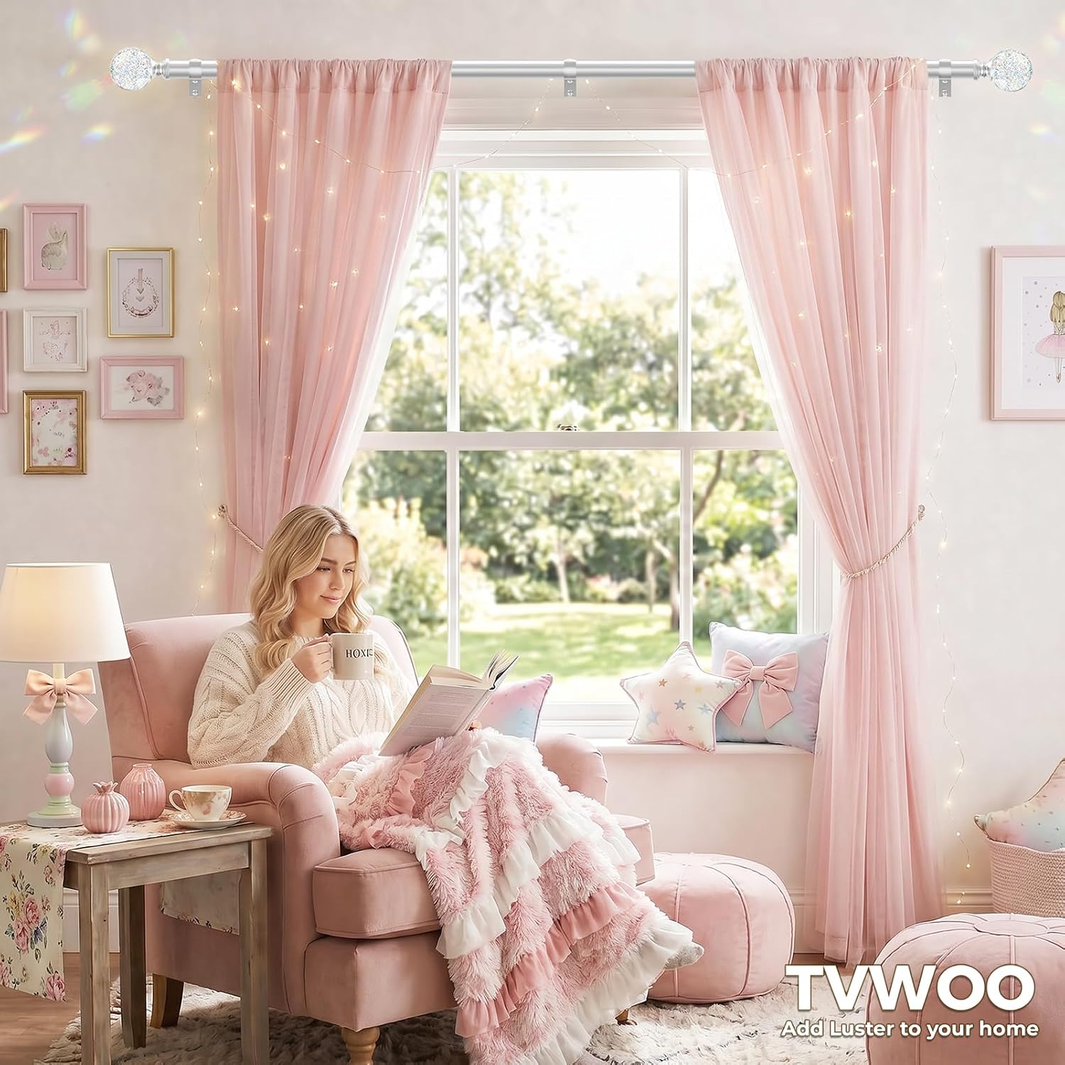 TVWOO Silver Rainbow Curtain Rod Adjustable Heavy Duty Crystal Ball,18-45"