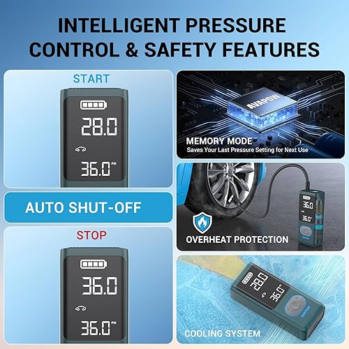 Miniatura 4 de AVAPOW Compresor de aire portátil con inflador de neumáticos AP18, bomba de aire inalámbrica 300% más rápida de 150 PSI con medidor de presión de