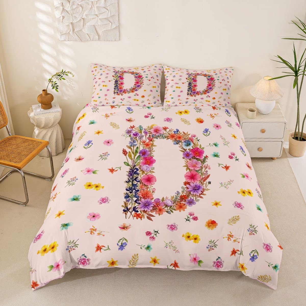 Homemissing Funda de edredón floral con letra D inicial tamaño Super King