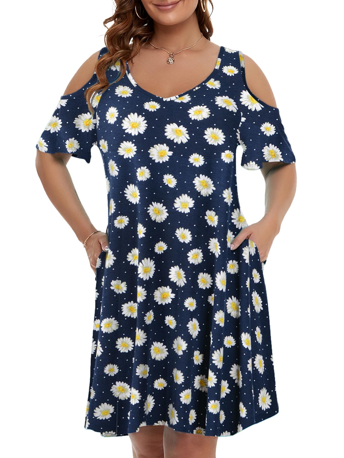 JollieLovin Womens Plus Size Short Sleeve Cold Shoulder V Neck T-Shirt Dress with Pockets