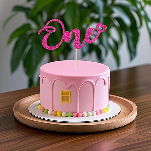 Miniatura 6 de ALISSAR Decoración de pastel rosa intenso con purpurina para primer cumpleaños, primer aniversario
