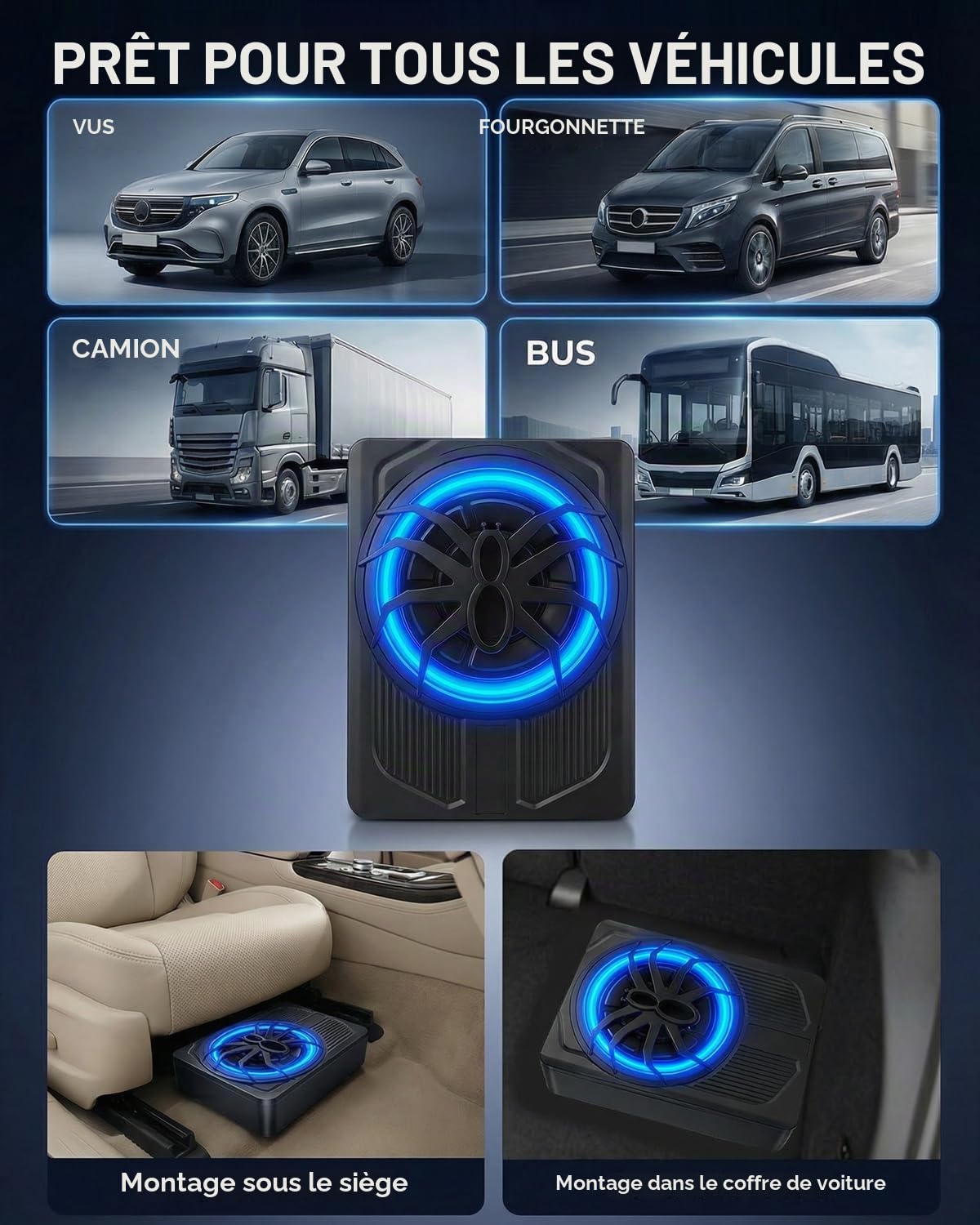 Subwoofer Actif 10 Pouces 1000 W Max avec Éclairage Bleu