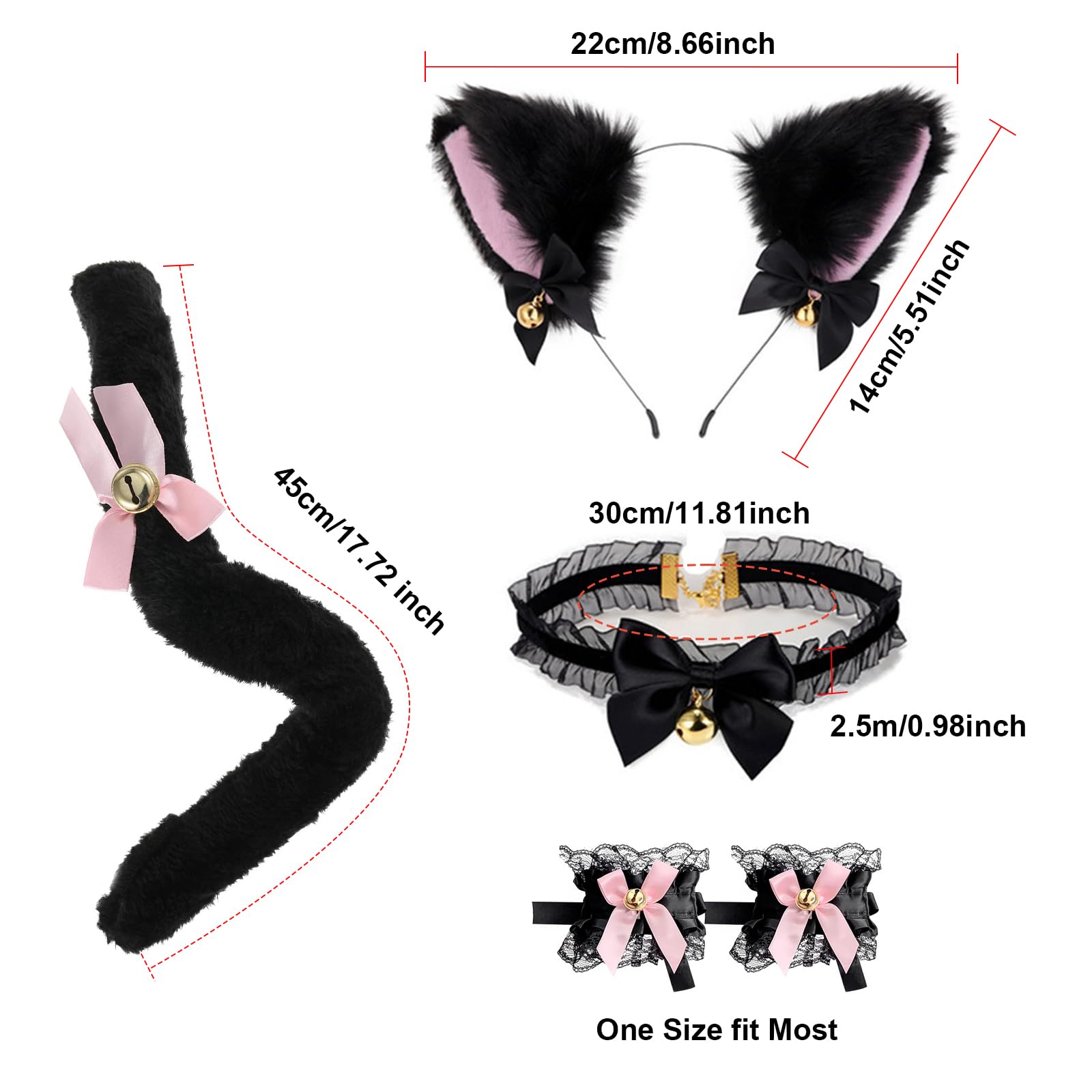 Cat Cosplay Halloween Costume Set Cat Ear Headband Chocker Necklace Plush Furry Tail Lace Wristband Masquerade Costume Accessories for Women Halloween Theme Party (Lace Collar) - Image 2