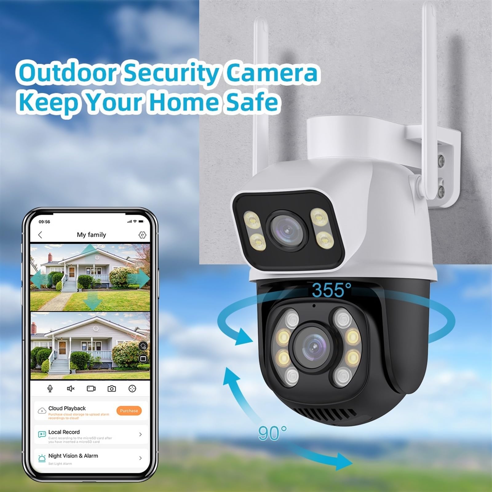 Caméra de sécurité, Caméra de Surveillance extérieure sans Fil PTZ 8MP 4K, Double Objectif, écran, détection Humaine AI, Suivi Automatique(4MP ADD 32G)