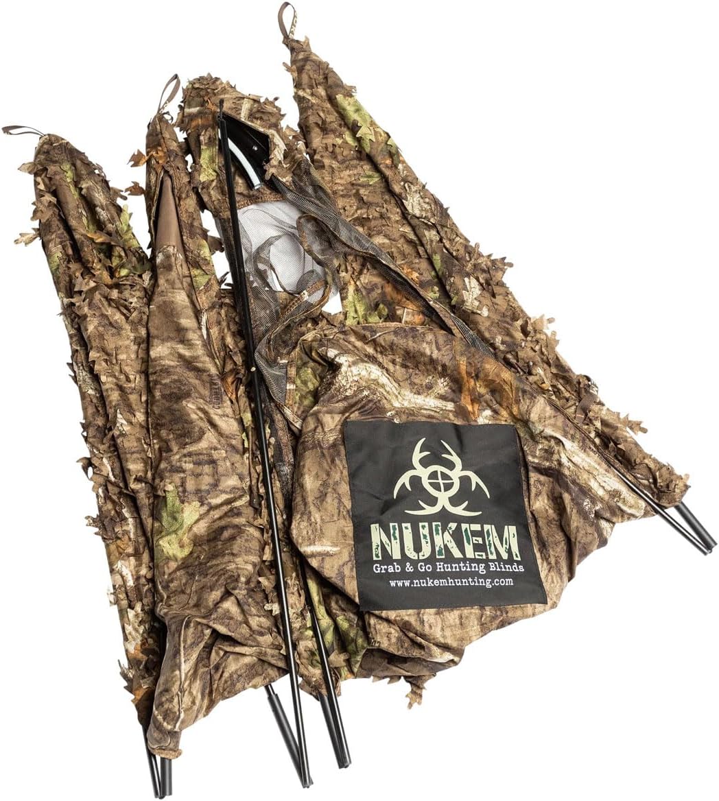 Nukem Grab & Go Hunting Ground Blind - Mossy Oak 3D Leafy Pattern - Lightweight & Stake-Free Pop Up Turkey & Deer Blind - Provides Maximum Concealment