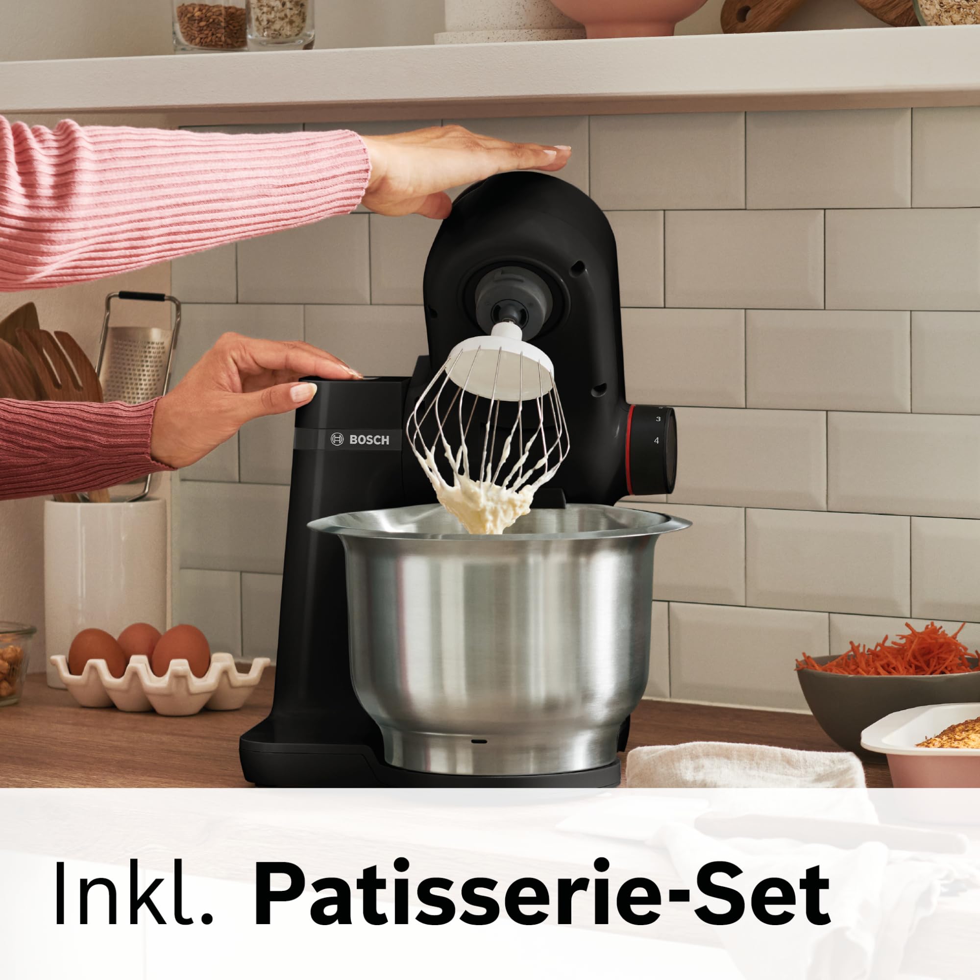 Bosch Robot de cocina MUM Serie 2 MUMS2EB01, cuenco de acero inoxidable de 3,8 L, agitador planetario, gancho para amasar, batidor, batidor de acero inoxidable, 3 discos, 700 W, negro