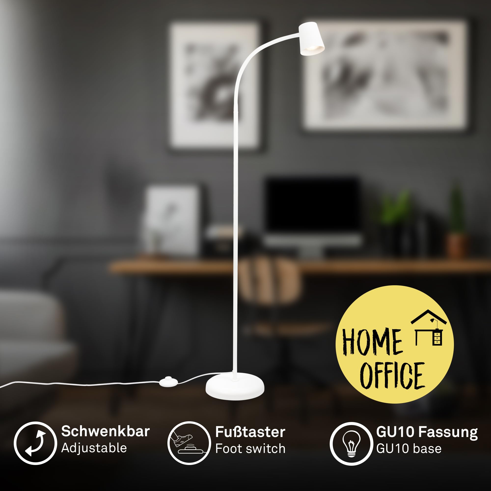 Biała lampa stojąca z regulowaną głowicą, na 1 żarówkę GU10 maks. 9W, metalowa konstrukcja, z przełącznikiem nożnym, nowoczesny design do salonu, biura lub kącika czytelniczego, IP20