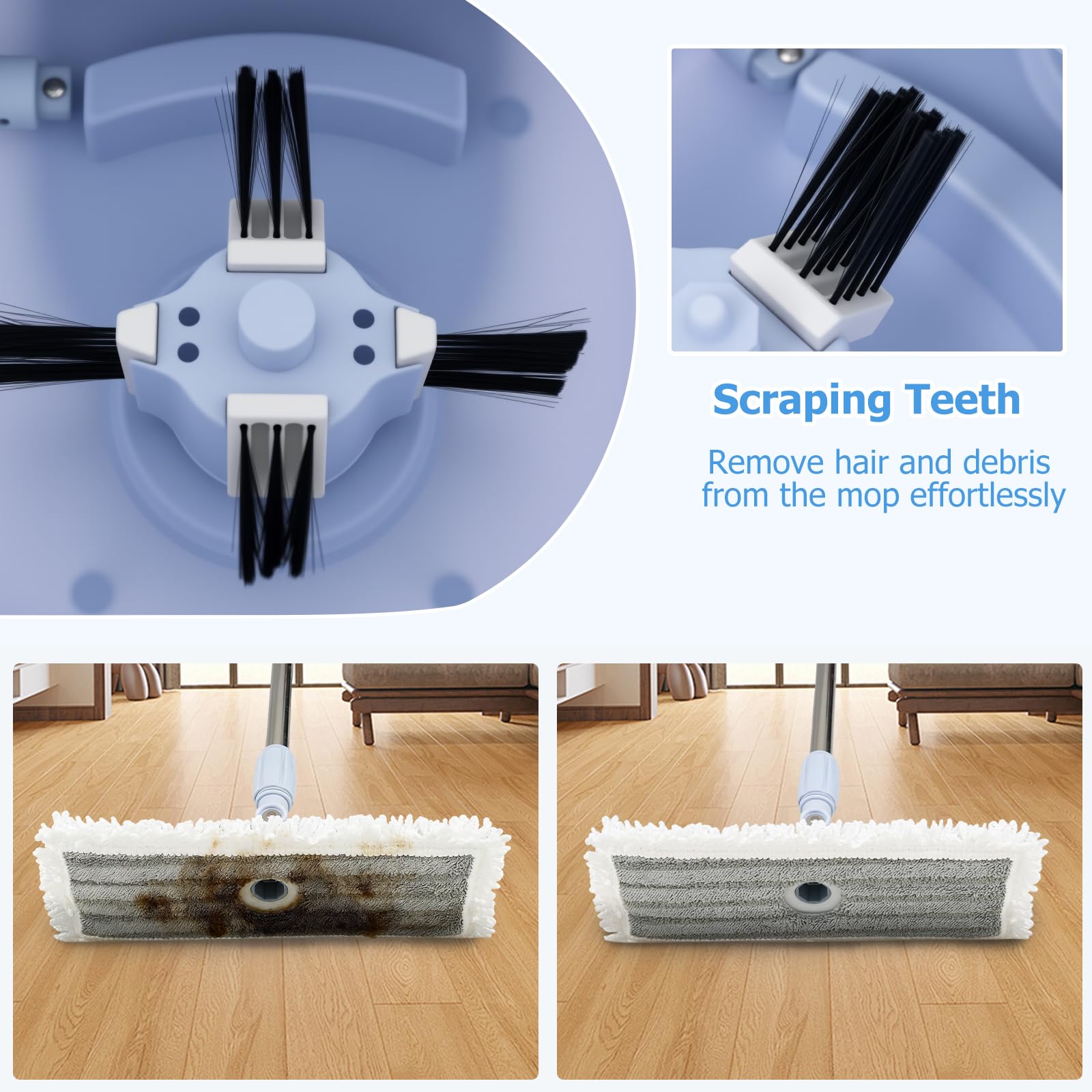 LIFEZEAL Set di secchio e mocio, mop per la pulizia dei pavimenti girevole a 360° in microfibra con manico telescopico, secchio mocio a 2 scomparti con scolapiatti (tuta mop + 6 x Round Mop)