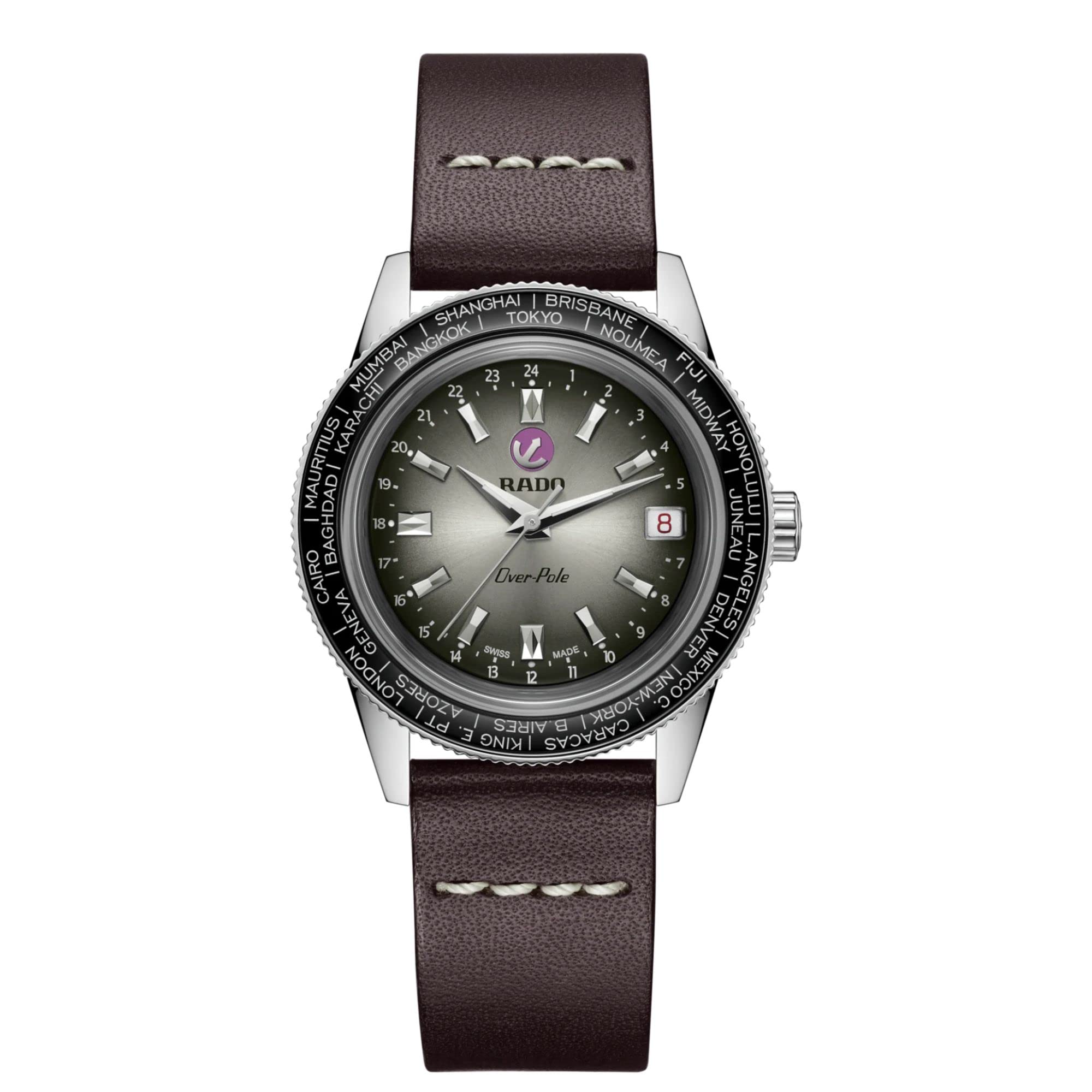 Rado - Captain Cook Over-Pole - Men - Swiss Watch - Rotating Bezel with Some City Names Engraved - High-Tech Ceramic Bezel – 80 hours of Power Reserve – Includes a Brown case with a second stainless steel Bracelet with rice Grain Look - Handwinding – 37 mm