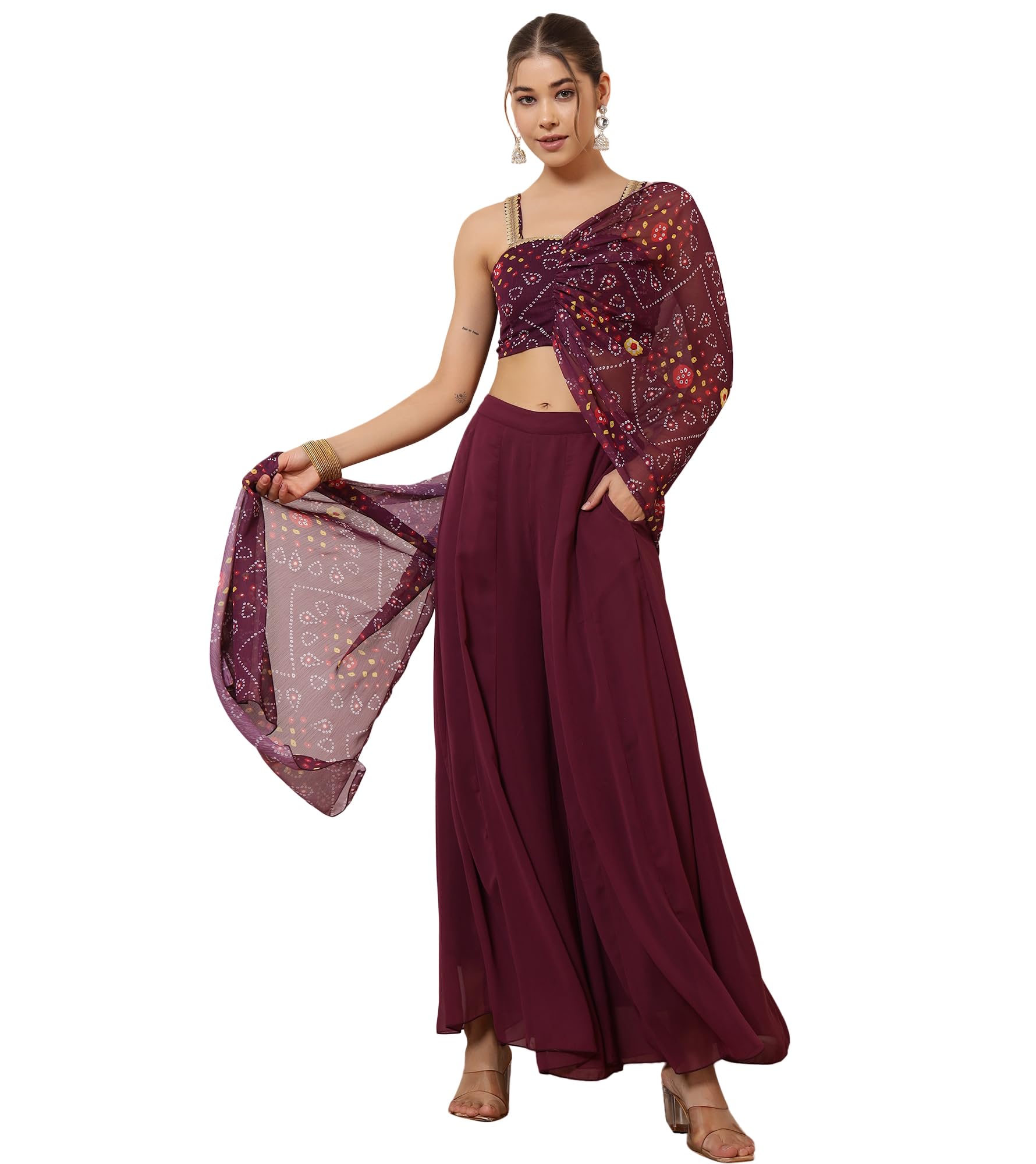 deebaco Women's Bandhani Print Chiffon Ankle Length Crop Top with Dupatta & Sharara Indo Western Co Ord Set for Women Fashion Stylish|Long Dresses for Woman Western|Two Piece|Casual Wear(Wine)-picture-46