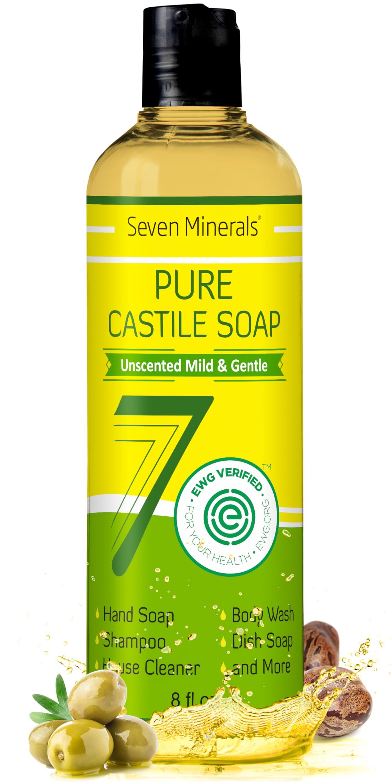 Seven Minerals Pure Castile Soap - No Palm Oil, GMO-Free - Gentle Liquid Soap For Sensitive Skin & Baby Wash - All Natural Vegan Formula with Organic