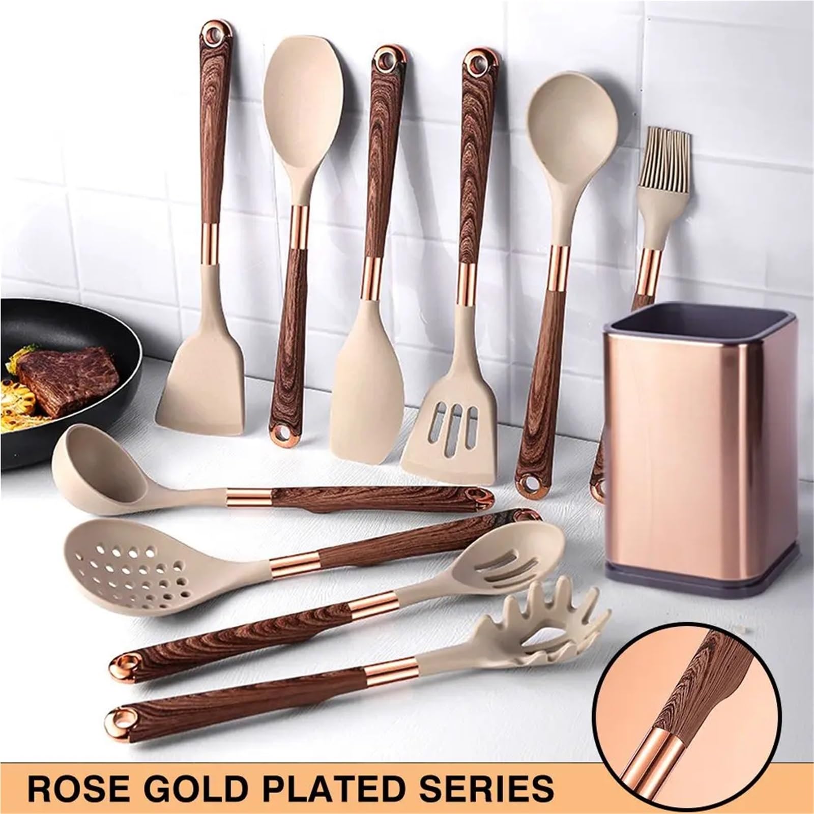 Silikon Küchenhelfer Set Kochutensilien-Set aus Silikon for die Küche, hitzebeständig, rosévergoldeter Griff, Antihaft-Spatel, Löffel(K007)