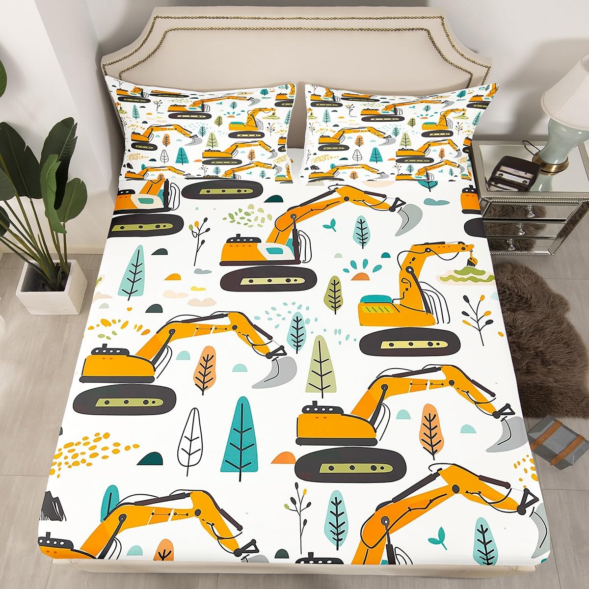 Cartoon Excavator Fitted Sheet Twin Size Construction Vehicle Truck Bedding Set for Kids Boys Teens Hand Drawn Trees Bed Sheet Set Engineering Car Bed Cover Room Decor,No Top Sheet