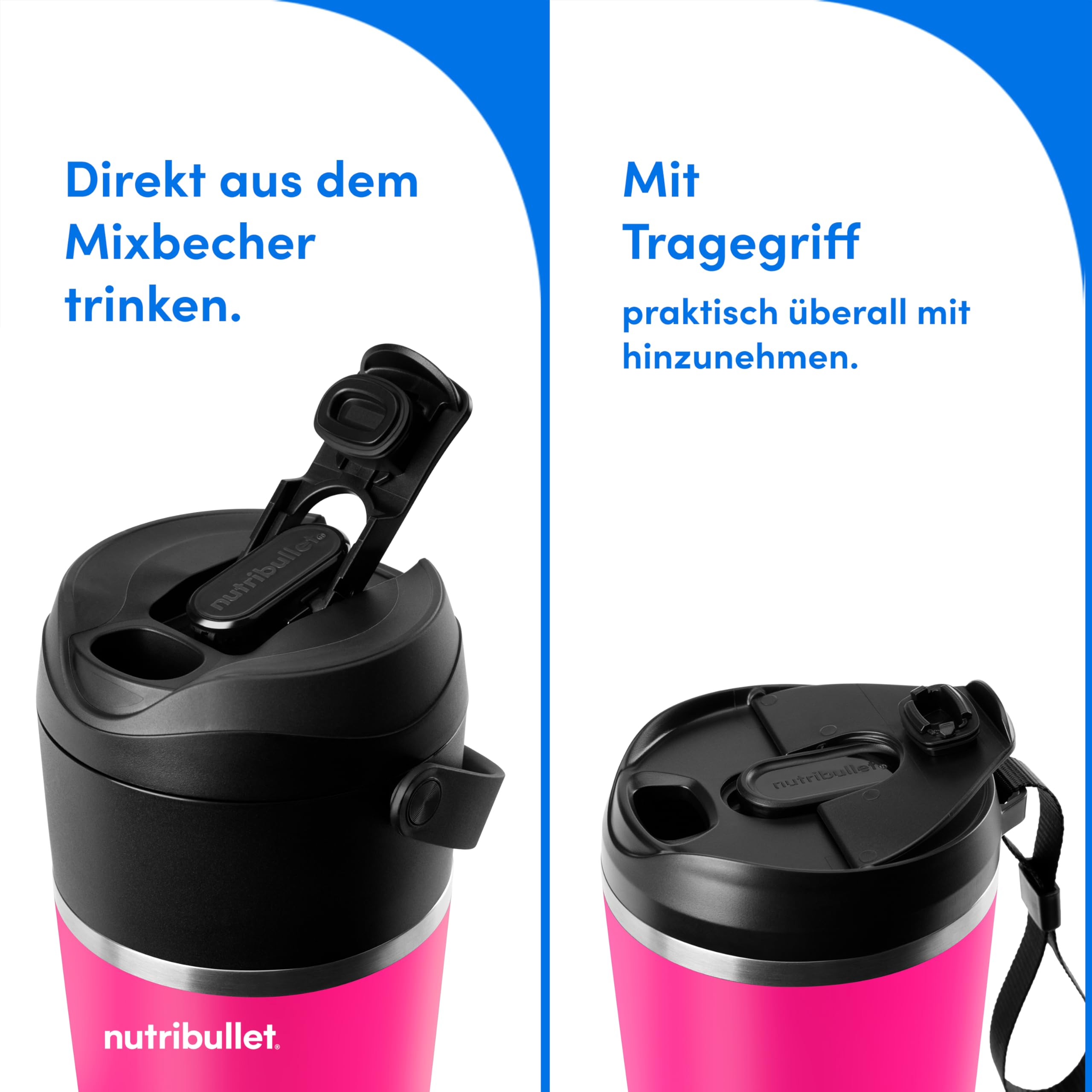 nutribullet Flip, Smoothie Mixer to go, 590 ml isolierter Edelstahl Thermobecher, hält 24h kalt, kabellos, wiederaufladbar (USB-C) für 14+ Mixvorgänge, Eiscrusher, Pink, NBP016MA