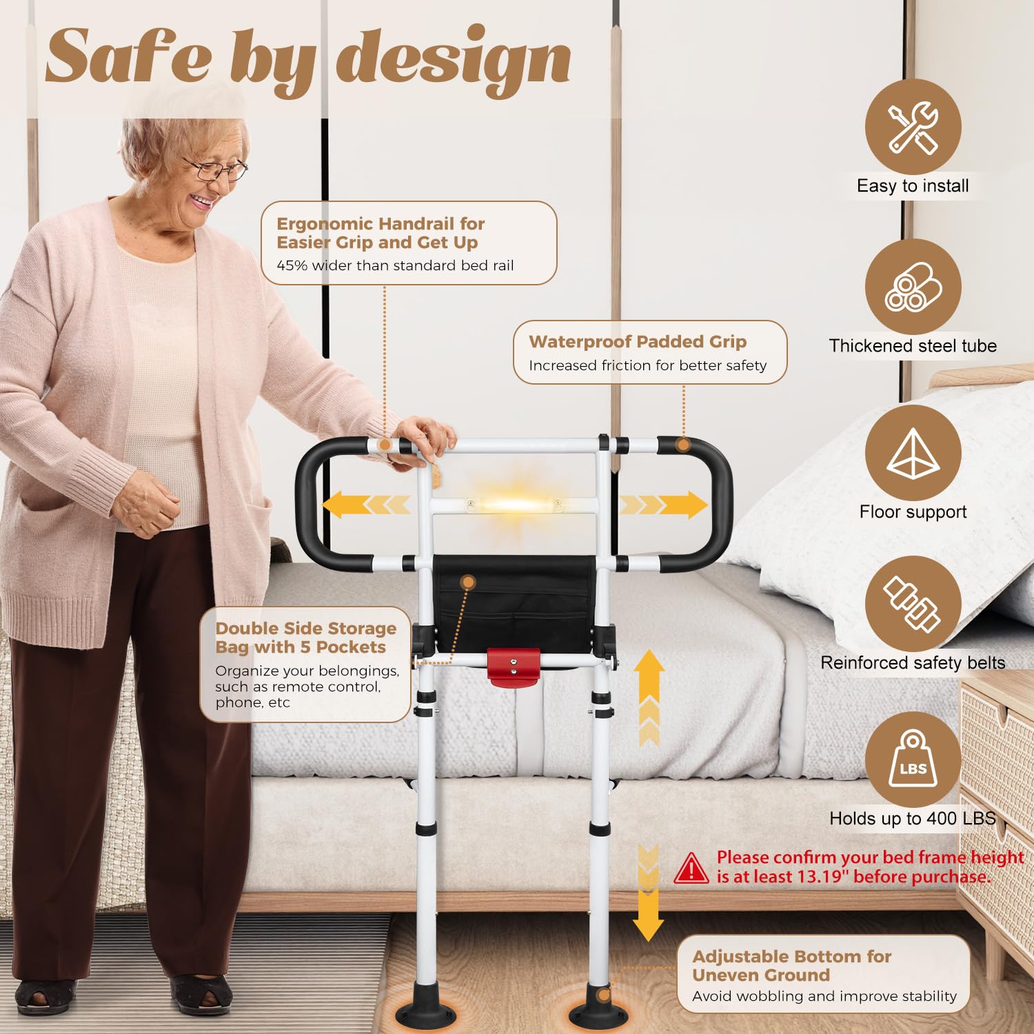 Riel de cama plegable para adultos mayores con luz de sensor de movimiento, mango de asistencia de seguridad ajustable con correas seguras, soporte de mesita de noche resistente, se adapta a