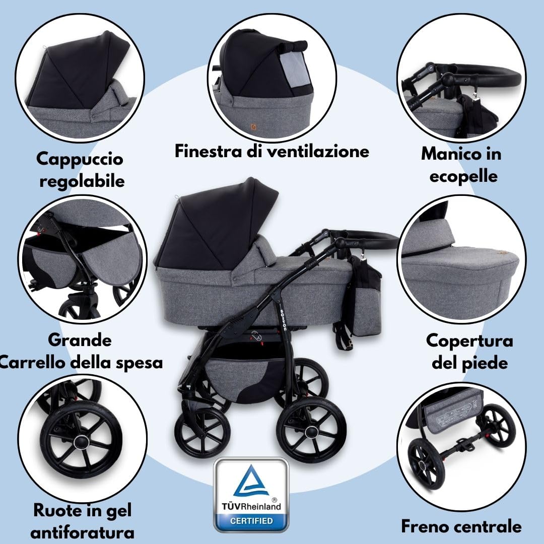 GaGaDumi Boston Passeggino Trio 3 in 1 Carrozzina Passeggino Seggiolino Auto Sistema Viaggio Completo Nero