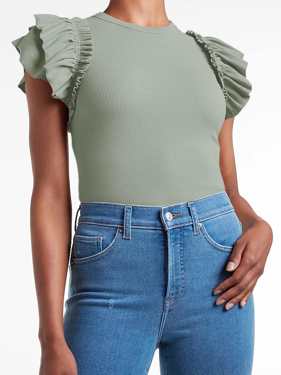 Womens Ruffle Short Sleeve Shirts Slim Fit High Neck Knit Ribbed Tops - Image 2