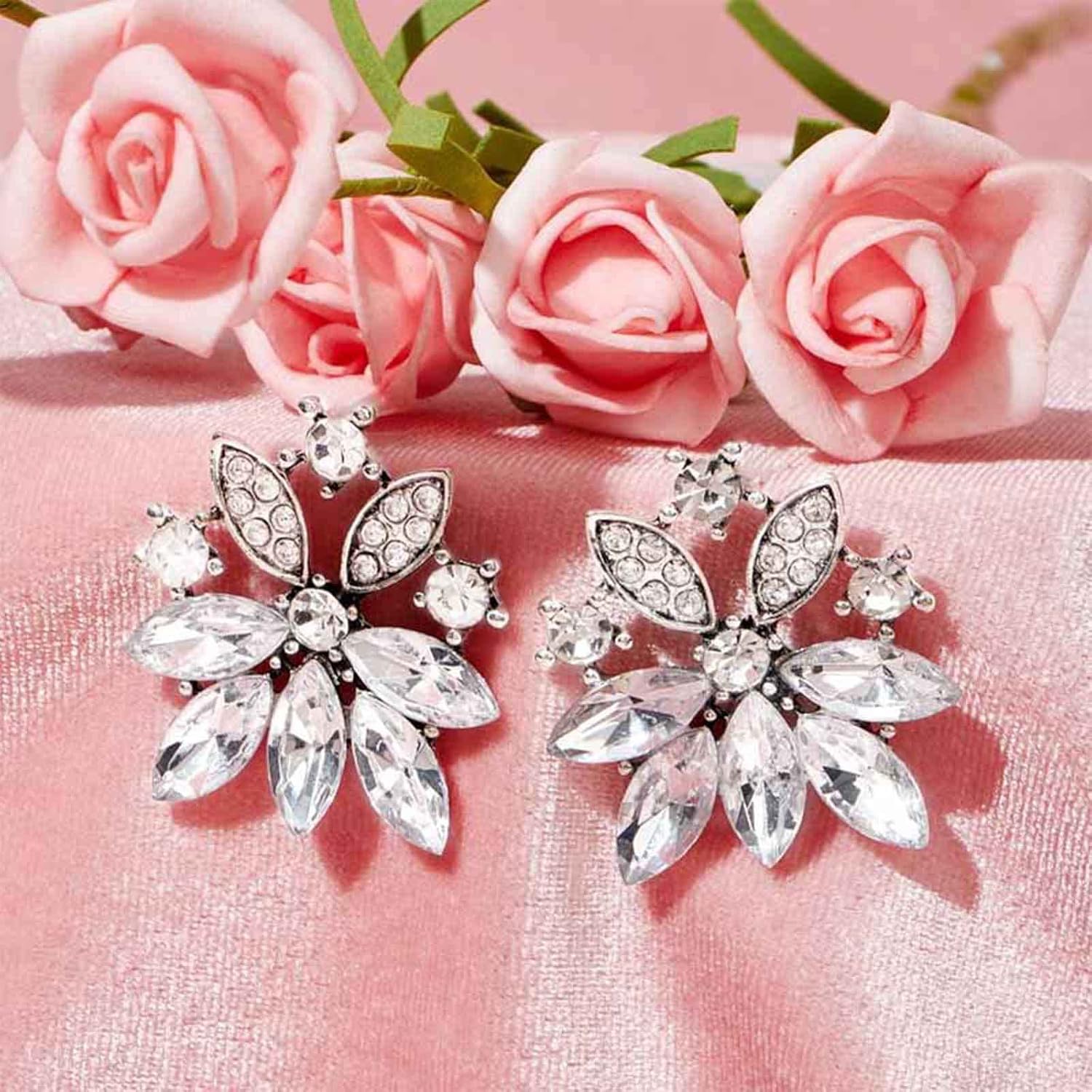 Vintage Crystal Flower Earrings CZ Rhinestone Drop Earrings Cluster Crystal Stud Earrings Silver Rhinestone Wedding Earrings Jewelry for Women - Image 7