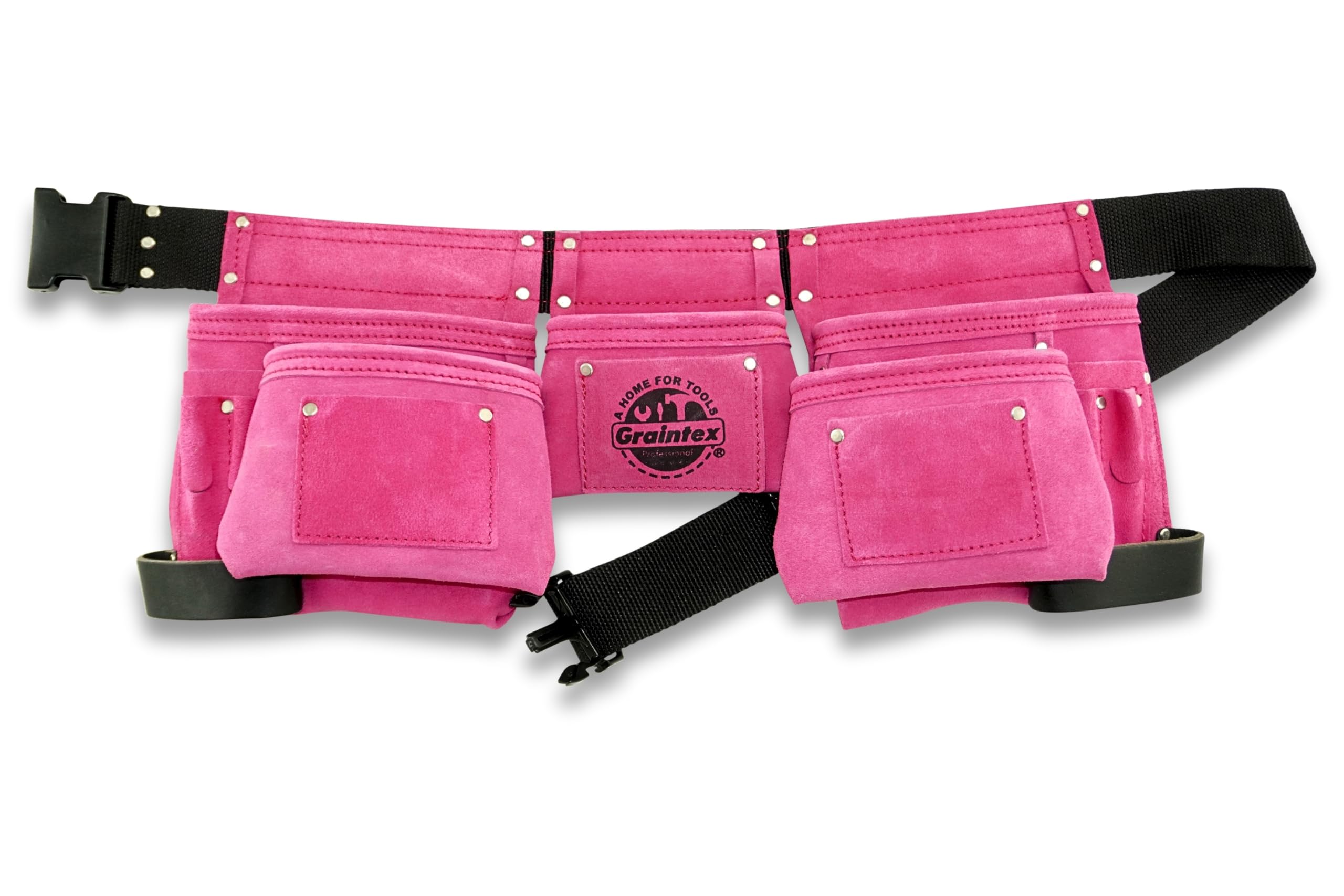 Graintex DS1118 8 Pocket Pink Tool Belt in Suede Leather with 2” Webbing Belt, 2 Leather Hammer Holders Loops