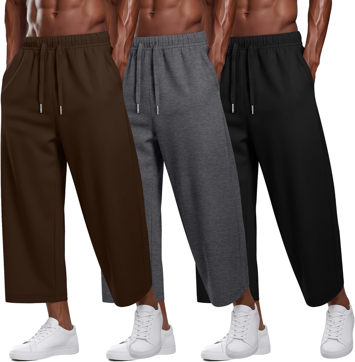 August Alley 3 Pack Men's Straight Leg Capri Sweatpants Drawstring Elastic Waist Joggers Workout Cropped Pants with Pockets