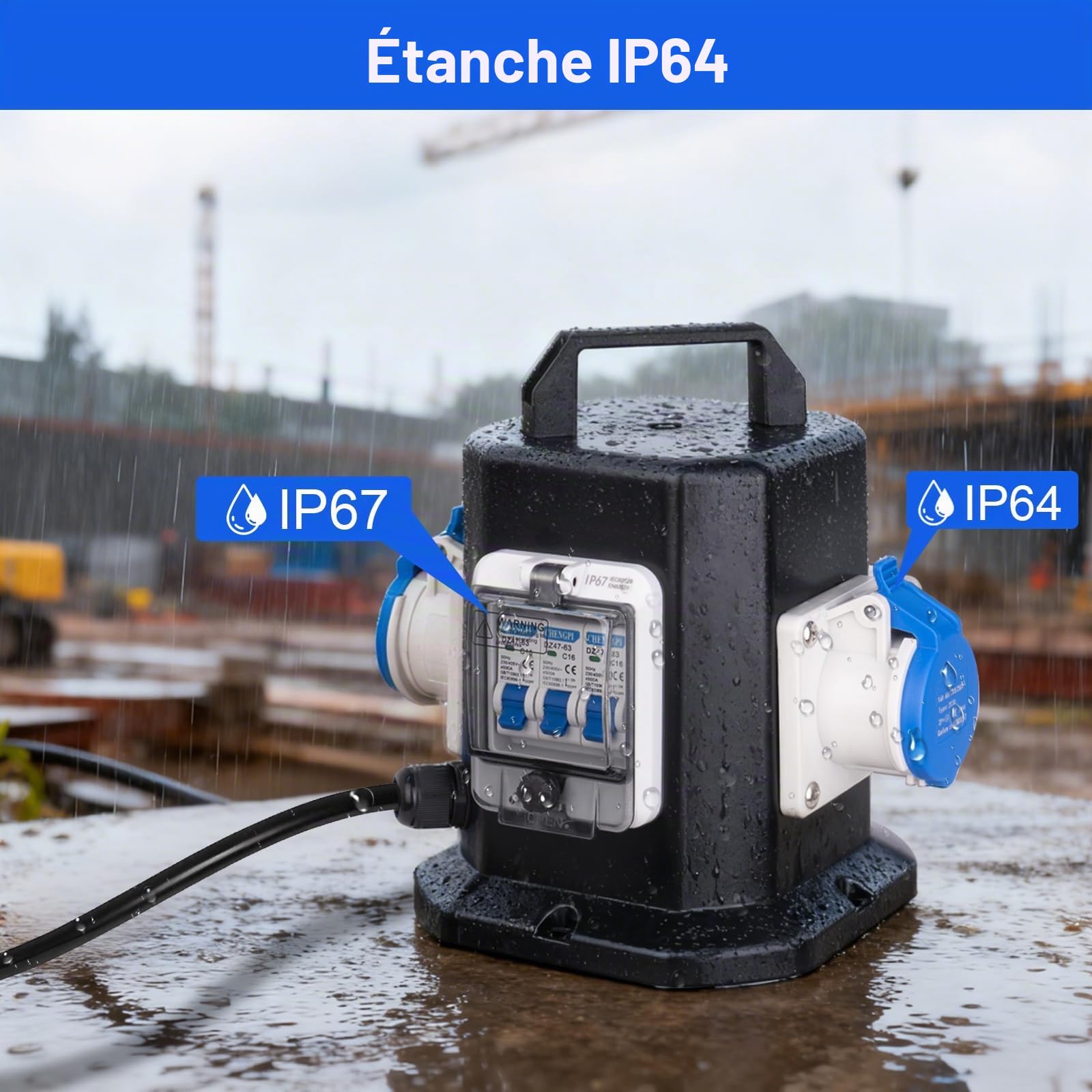 Coffret Électrique de Chantier avec Disjoncteur,Distributeur D'alimentation Portable avec Schuko Socket 250V/16A/3 Pôles,Distributeur IP45 Étanche - idéal pour la Construction et L'extérieur